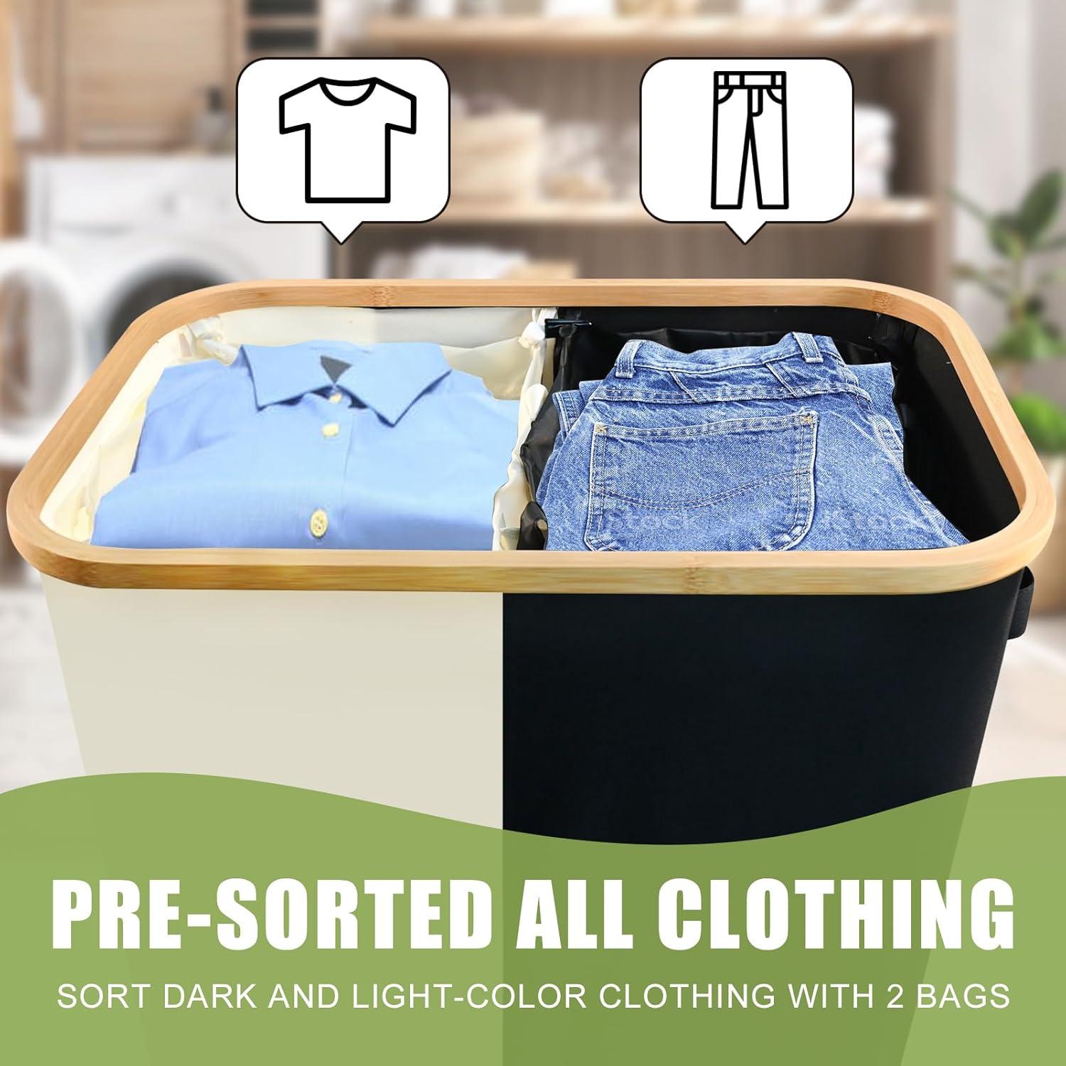 Efluky Laundry Basket with Lid and Removable Bag, 100L Tall Laundry Hamper with Bamboo Handles, Aesthetic Dirty Clothes Bin for Laundry Room, Bathroom, Bedroom and Dorm,Grey