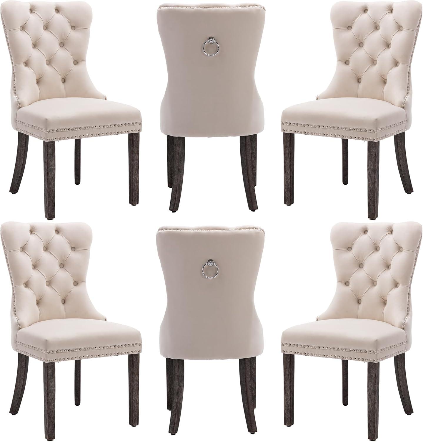 ODUSE-DAILY Beige Velvet Dining Chairs Set of 6, Kitchen & Dining Room Chairs, Tufted Dining Chairs, Fabric Upholstered, Solid Wood, Sillas De Comedor (Beige, 6 Pcs)