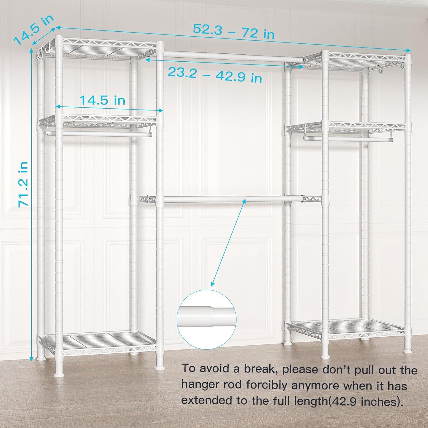 Ulif E7 Heavy Duty Garment Rack, Clothes Organizer and Storage Rack with Expandable Hangers, Metal Clothing Rack with 6 Wire Shelves, (52.3"-72") W x 14.5" D x 71.2" H, Load 838 LBS, White