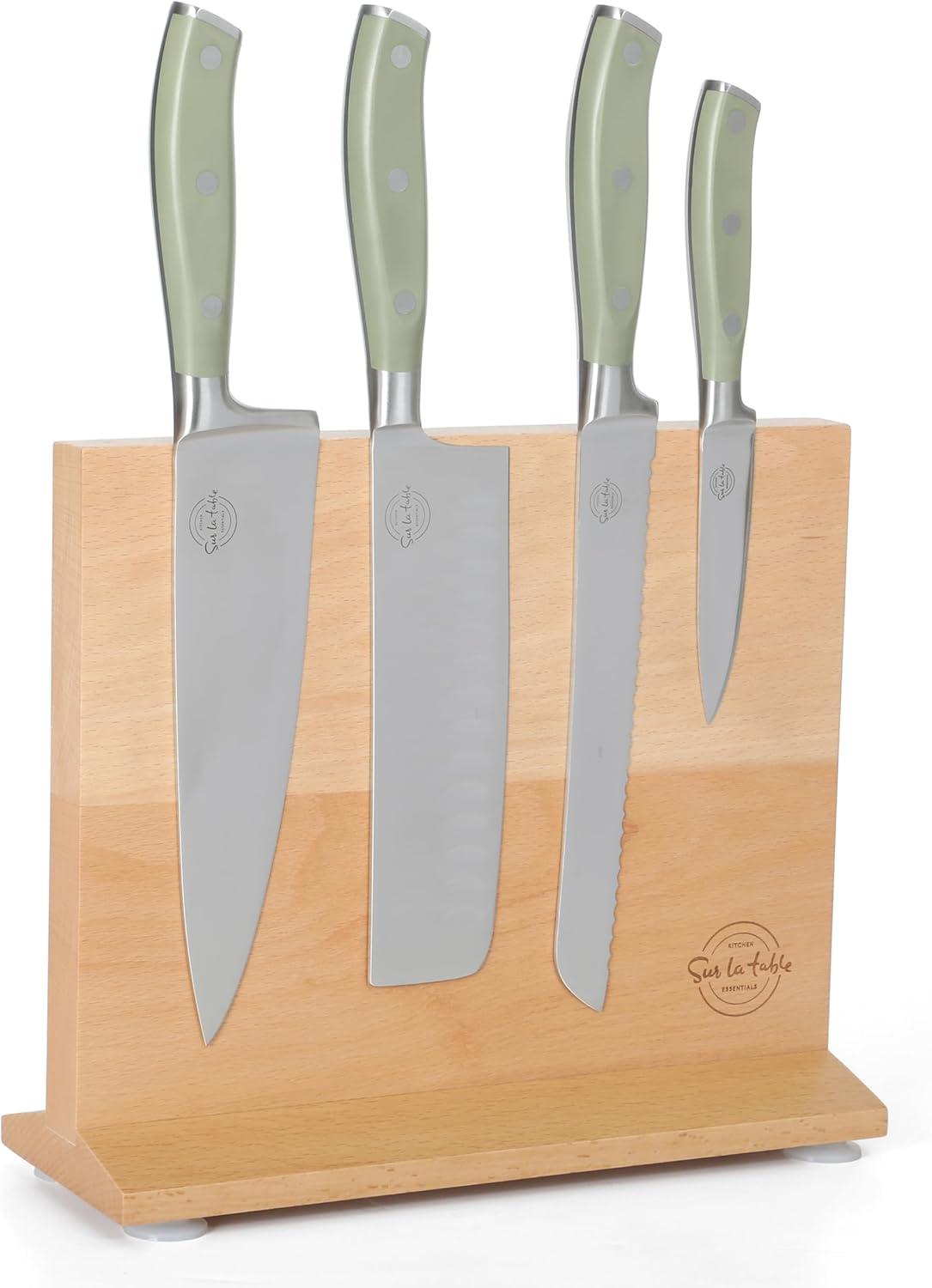 Sur La Table Kitchen Essentials Sur La Table Kitchen Essentials 5 Piece German Steel Blade With Triple Riveted Handle Set on Beechwood Magentic Block - Juniper Green