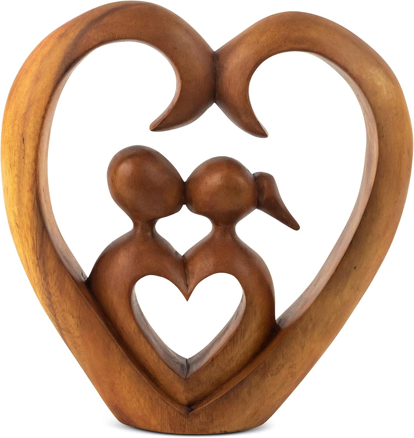 8" Hand Carved Suar Wood Heart and Soul Statue