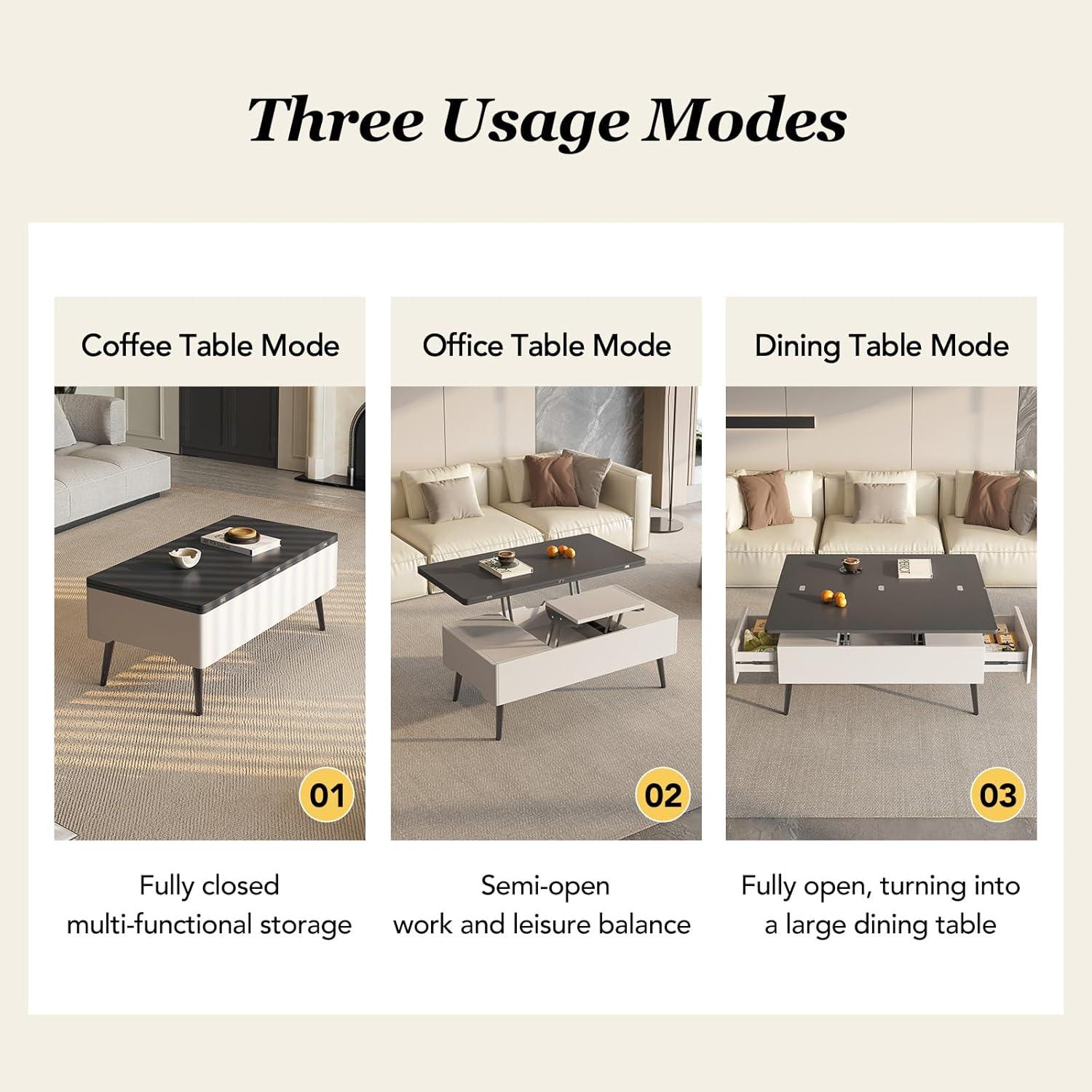 Guyii Extendable Coffee Table, 3-in-1 Lift Top Coffee Table with 2 Storage Drawers and Hidden Compartment for Living Room, Home, White
