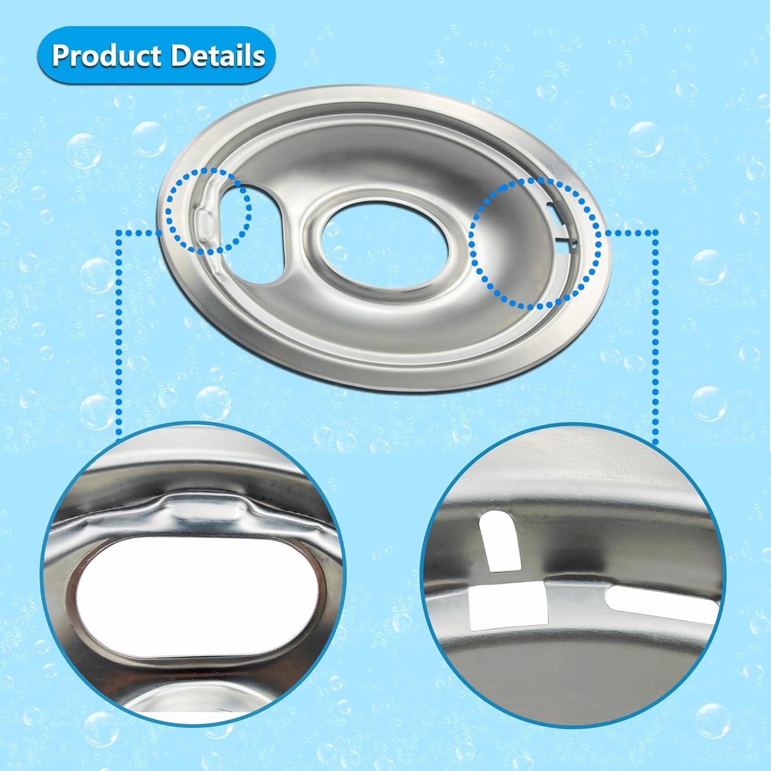 4 Pcs Stove Burner Drip Pans Chrome Replacement for Whirlpool Amana Maytag Magic-Chef Kenmore GE Electric Range  2 x 6" 2 x 8"