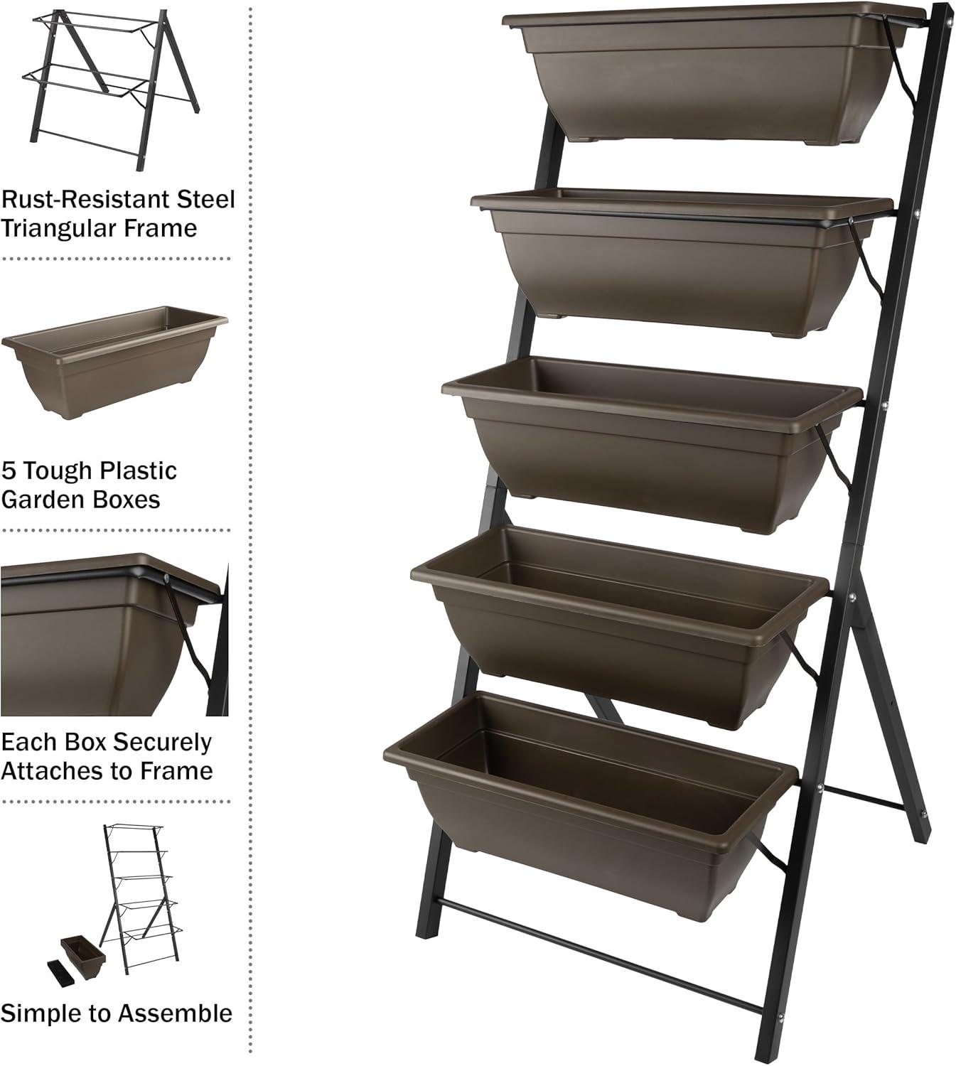 Pure Garden 5pc Raised Garden Beds Rectangular Steel Outdoor Planter Boxes Includes 5 Planter Pots with Rack Brown 27"x21.75"x48"