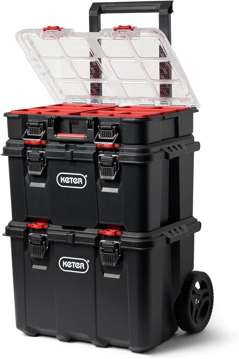 Keter Keter Stack-n-Roll 3 Piece Durable Resin Rolling Tool Box System Tool Storage and Organization Ideal For Garage and DIY, Black