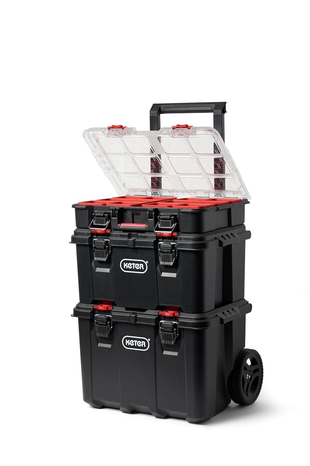 Keter Keter Stack-n-Roll 3 Piece Durable Resin Rolling Tool Box System Tool Storage and Organization Ideal For Garage and DIY, Black