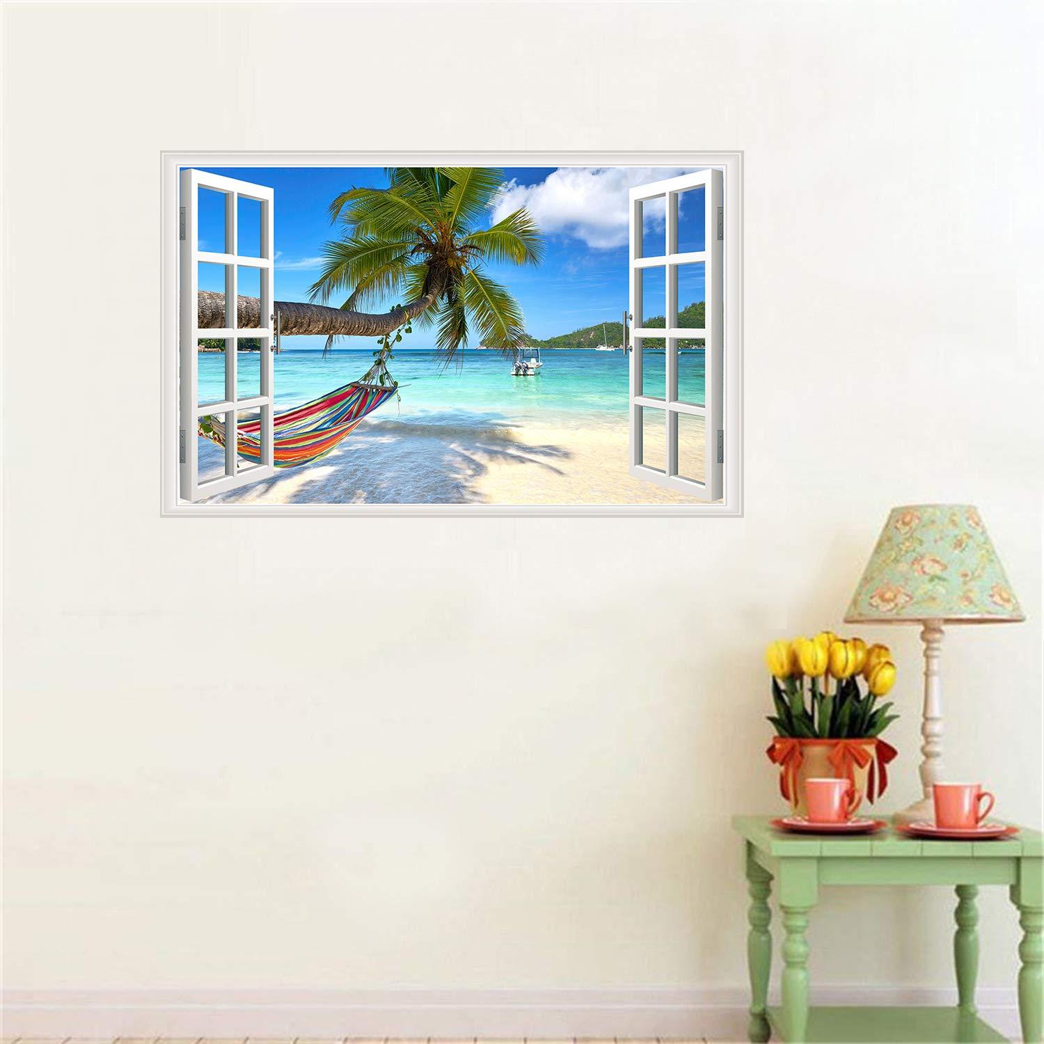 Beach Seascape Window Wall Sticker Palm Tree and Hammock Fake Window Wall Decals Removable Tropical Sea Window View Wall Stickers Decal for Living Room