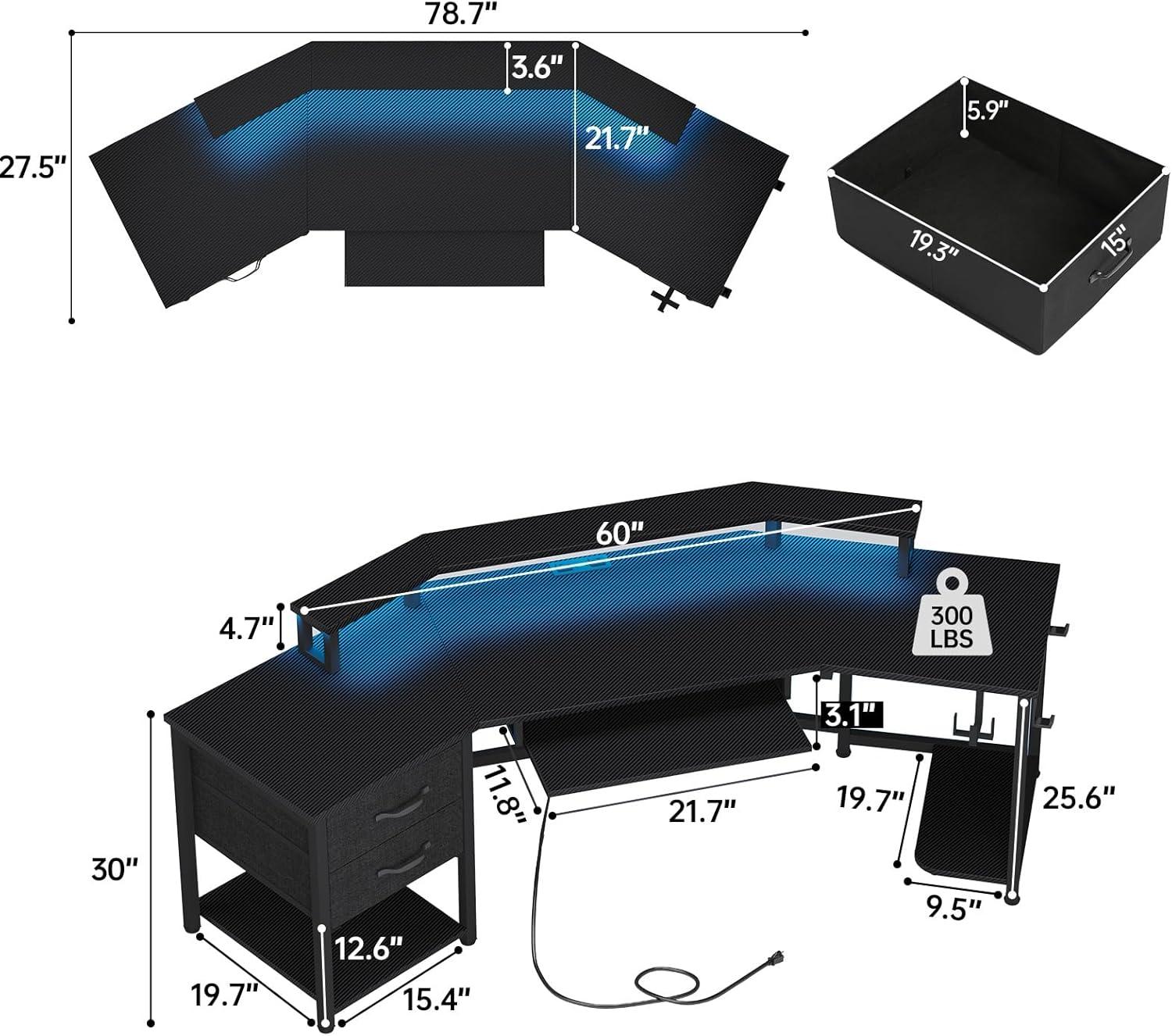 ADORNEVE Adult Collection Combat 2 Fabric Drawers and RGB LED Light Black Gaming Desk, Black