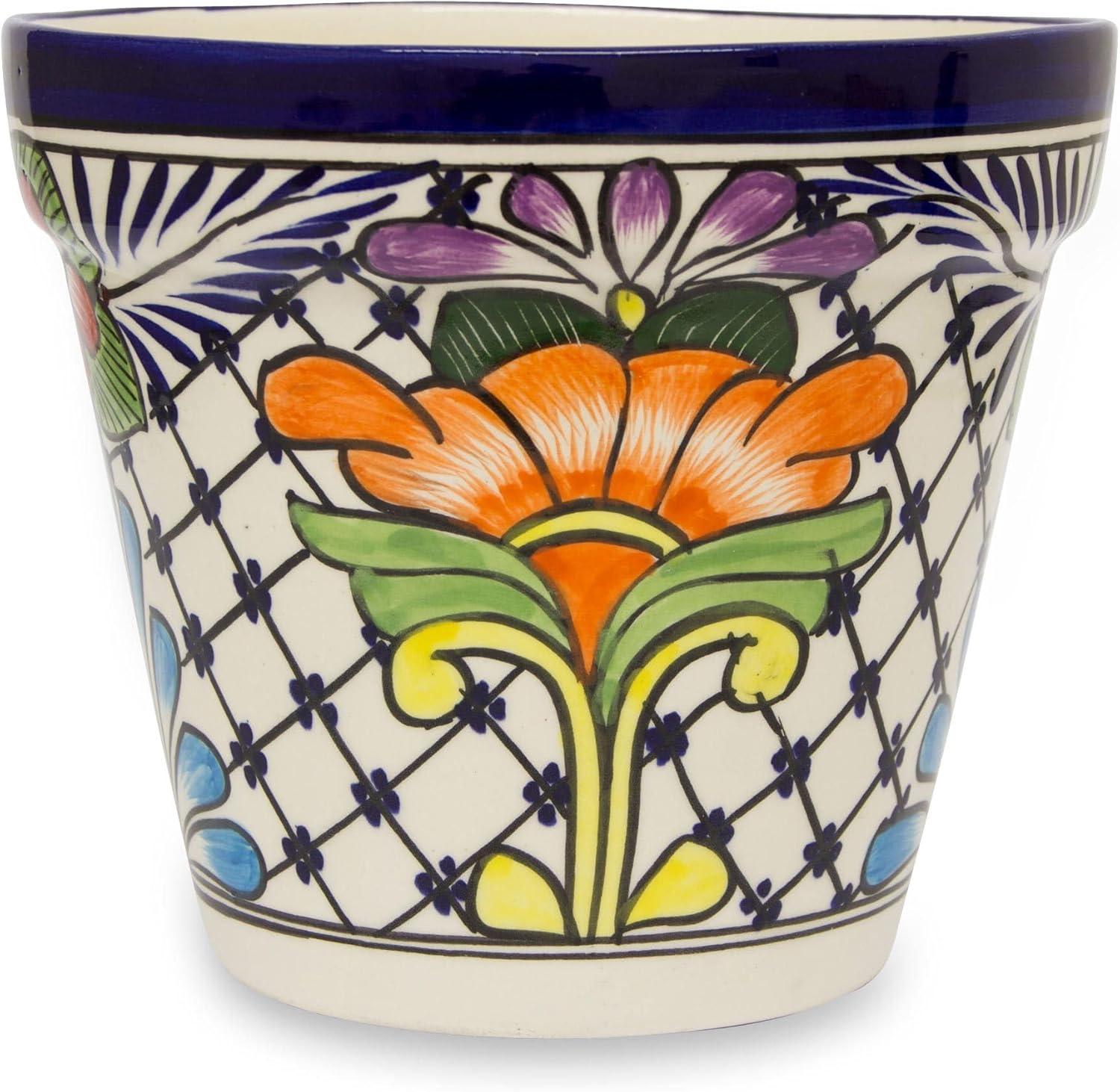 NOVICA Handmade Painted Flower Pot | Majolica Multicolor | Ceramic Home Decor | Artisan Crafted Draining Hole | Talavera Cone Planter | Pottery Folk Art | Mexico ' Wild Flowers' 7" H x 7.75" Diam.