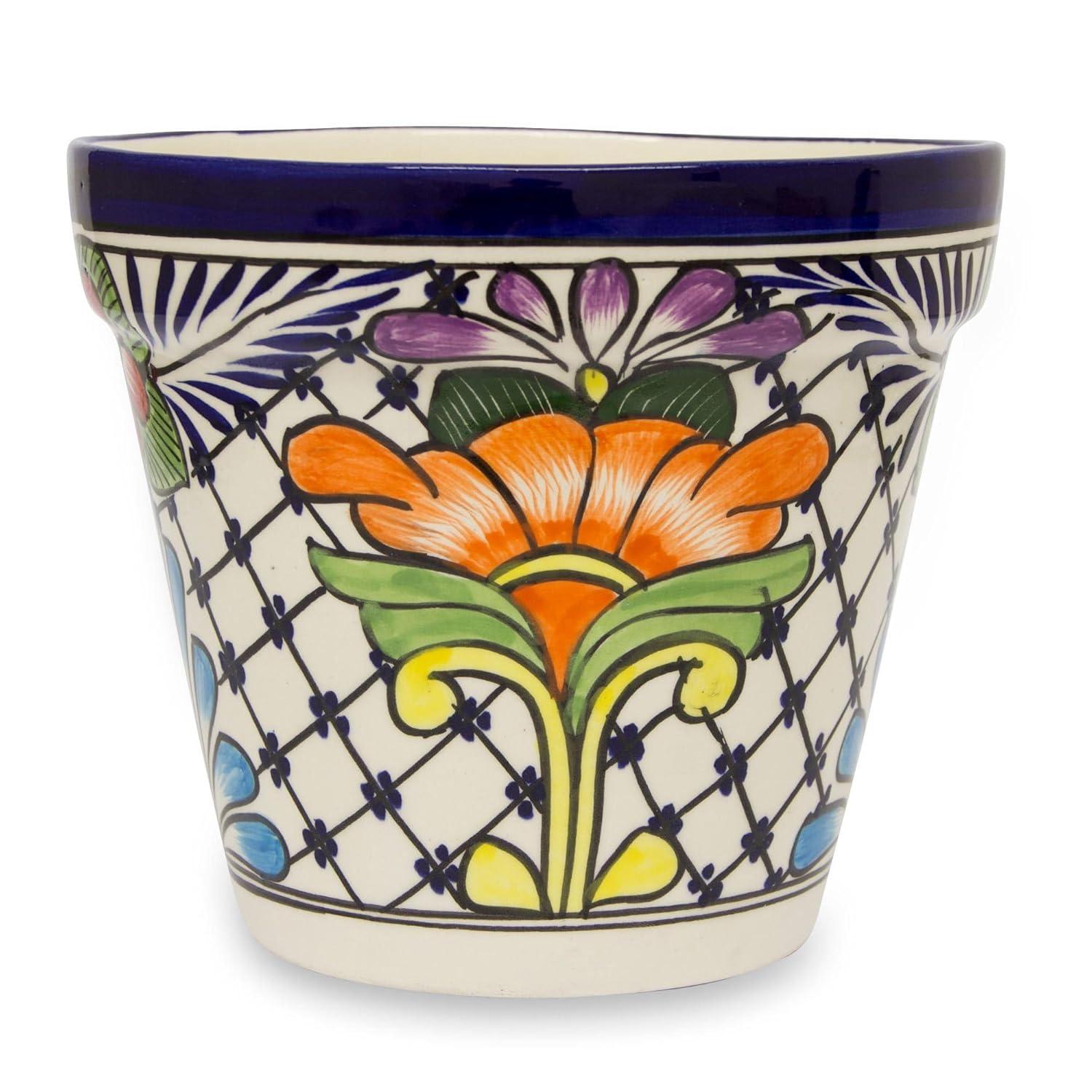 NOVICA Handmade Painted Flower Pot | Majolica Multicolor | Ceramic Home Decor | Artisan Crafted Draining Hole | Talavera Cone Planter | Pottery Folk Art | Mexico ' Wild Flowers' 7" H x 7.75" Diam.