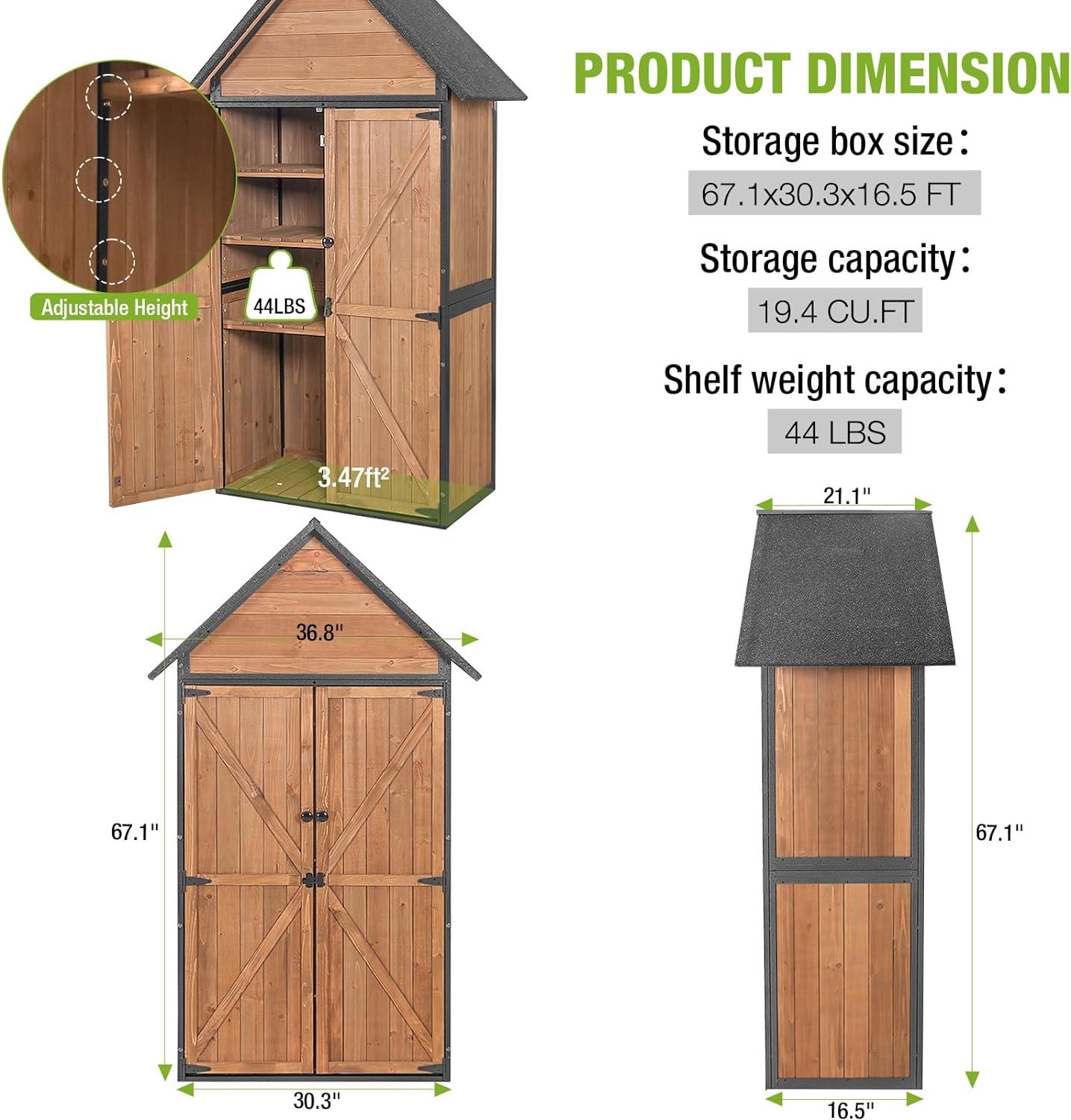 Brown Wooden Outdoor Storage Shed with Metal Frame and Shelving