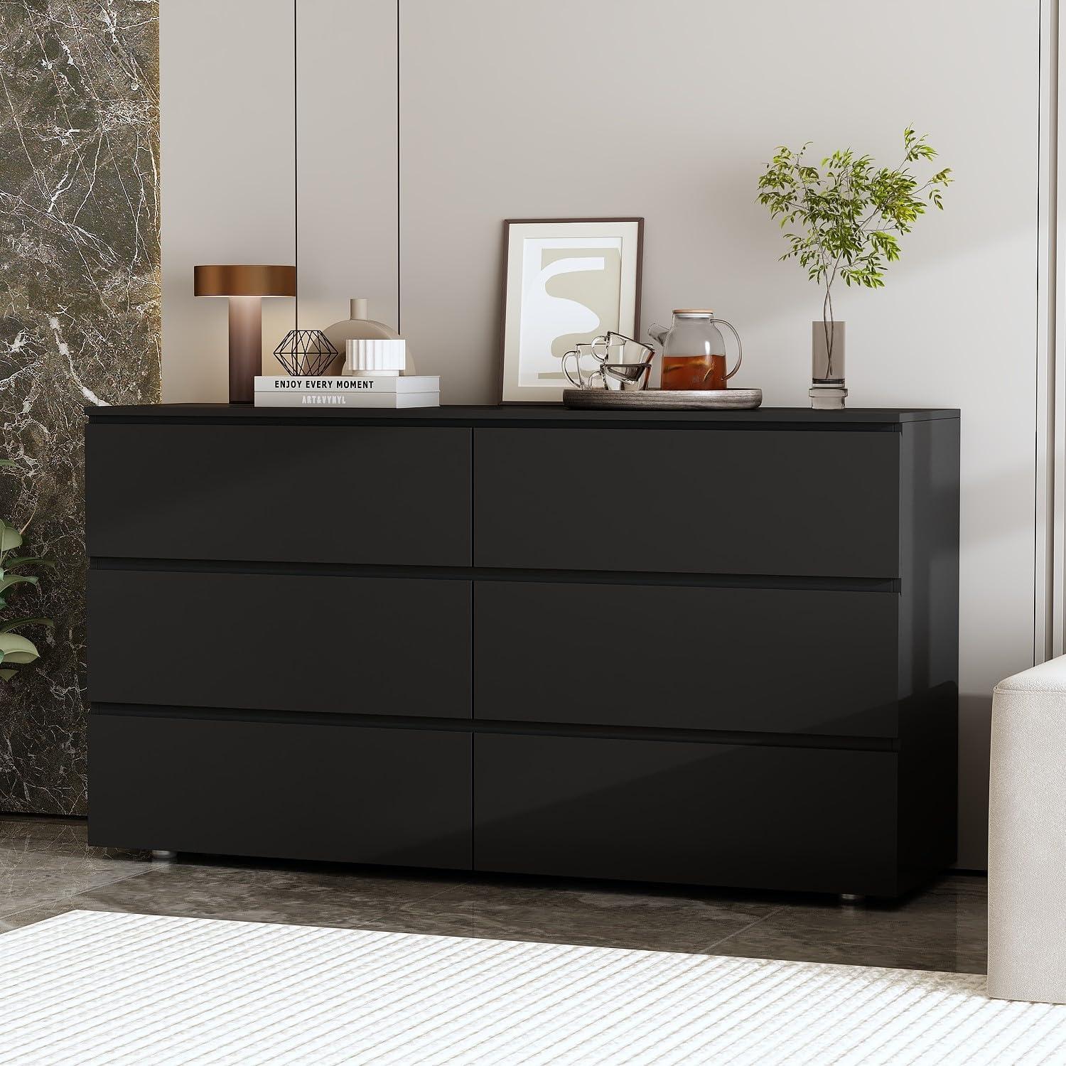 FAMAPY Chest of Drawers Dresser No Handles, 6 Drawer Dresser with Wide Storage, Modern Contemporary 6-Drawer Chest, for Bedroom Black (59”W x 15.7”D x 32.3”H)