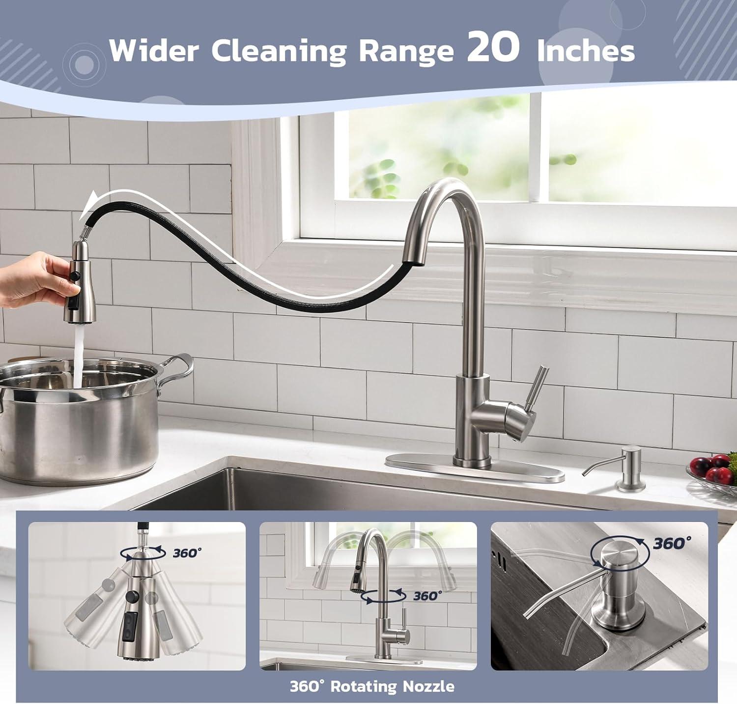 Brushed Nickel Single Handle Pull Down Kitchen Faucet with Soap Dispenser