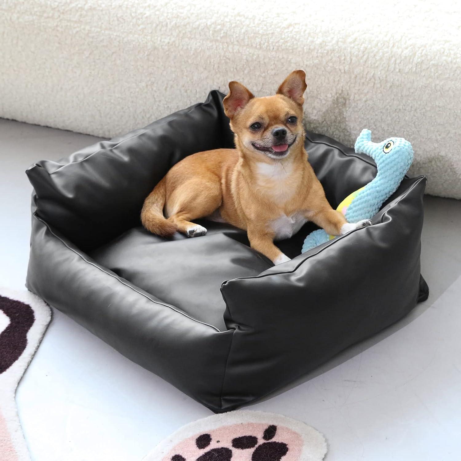 Jadona Dog Bed Waterproof&Anti-odour Dog sofa, for Small and Medium Dogs, Cat, PU Leather Rectangle Pet Bed. Black Color (Small)