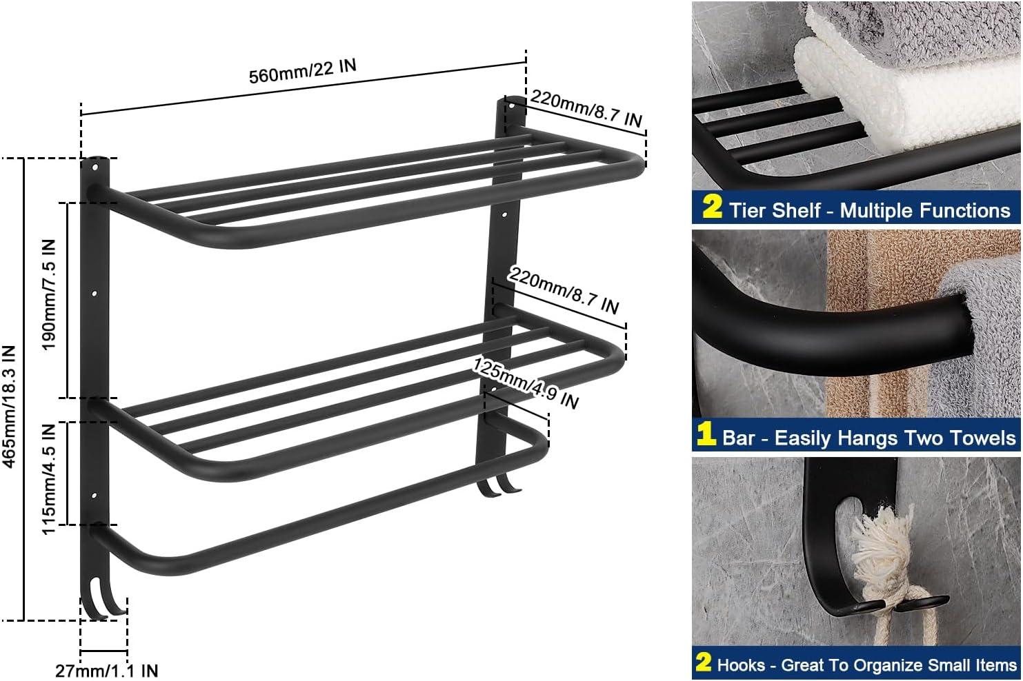 Bathroom Towel Rack, 3-Tier Towel Holder with Hooks