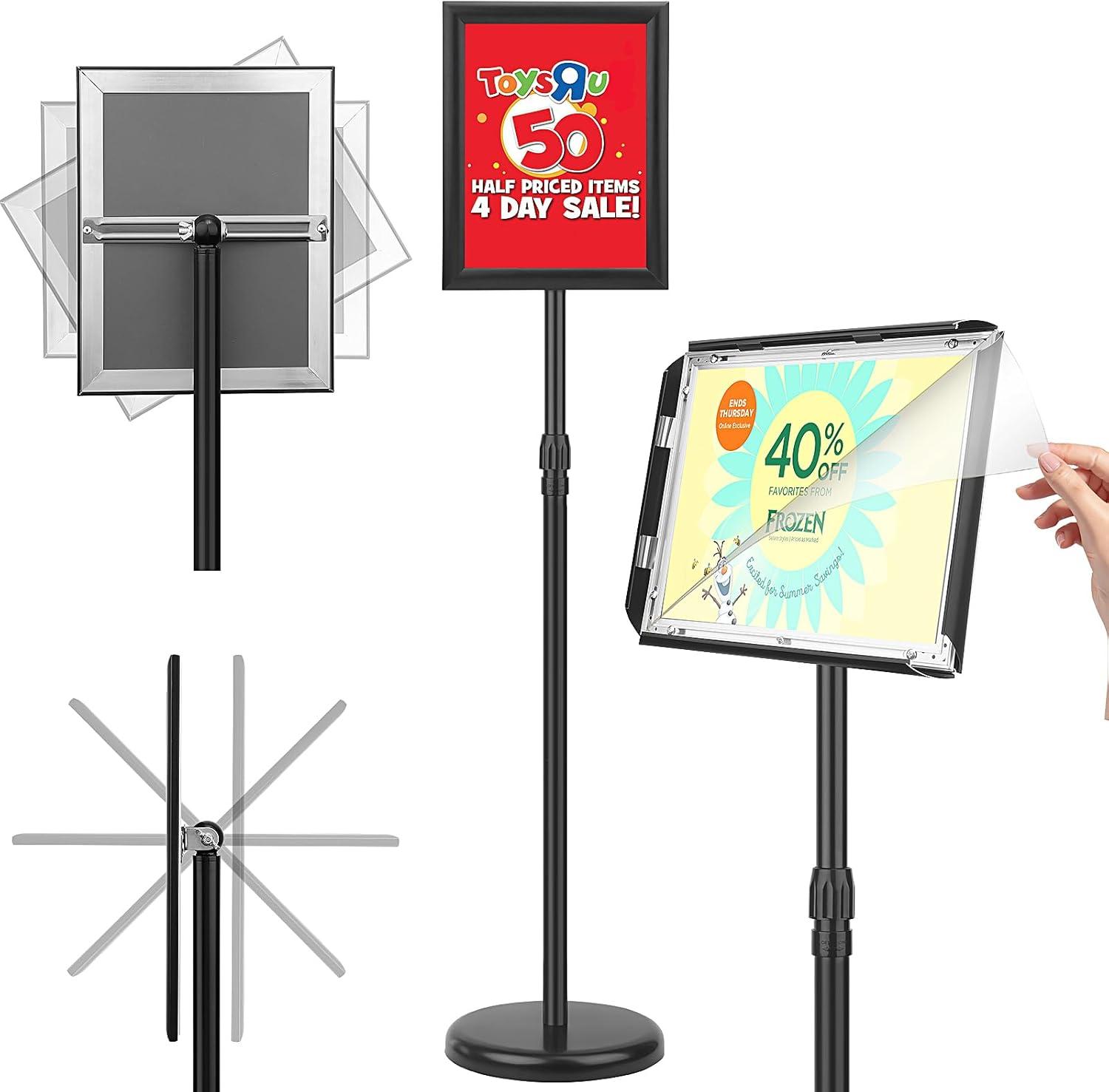 Adjustable Sign Holder Stand 8.5x11 inch,Pedestal Floor Signage Standing Holder with Heavy Duty Base, Aluminum Snap Open Frame Display for Business Restaurant, Mall,Schools-1 Pack