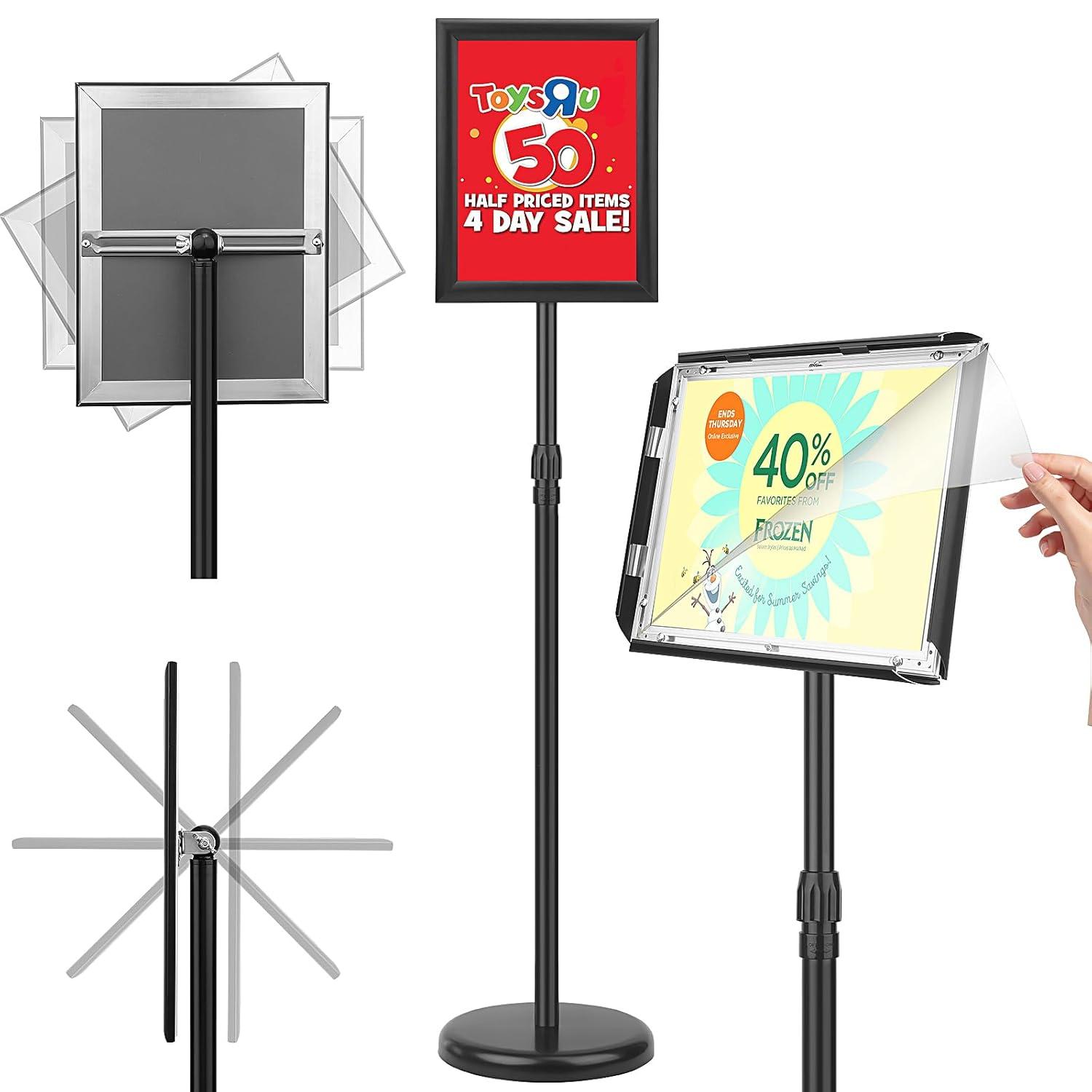 Adjustable Sign Holder Stand 8.5x11 inch,Pedestal Floor Signage Standing Holder with Heavy Duty Base, Aluminum Snap Open Frame Display for Business Restaurant, Mall,Schools-1 Pack