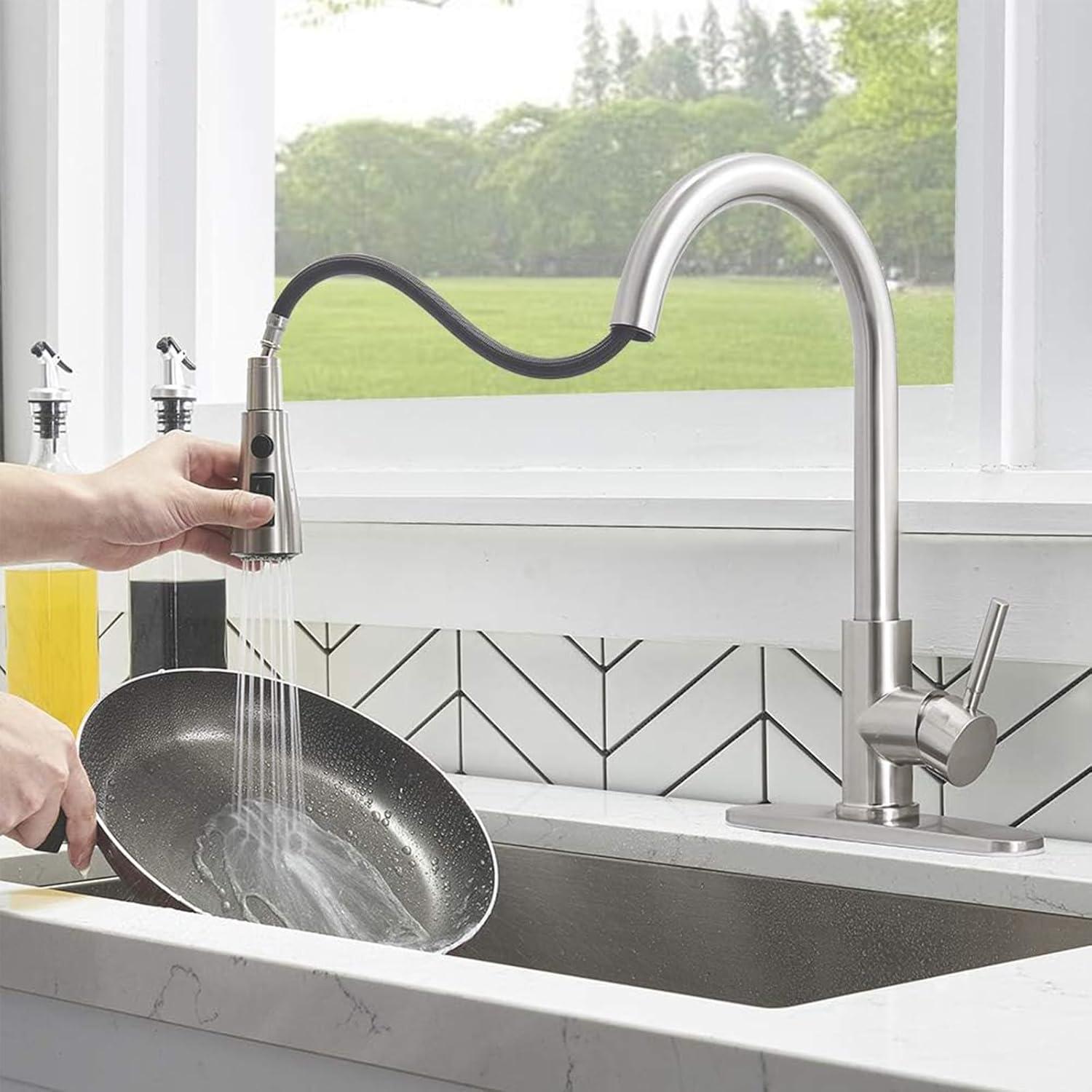 Brushed Nickel Kitchen Sink Faucet with Pull Down Sprayer Single Handle Single Hole Mixer Tap