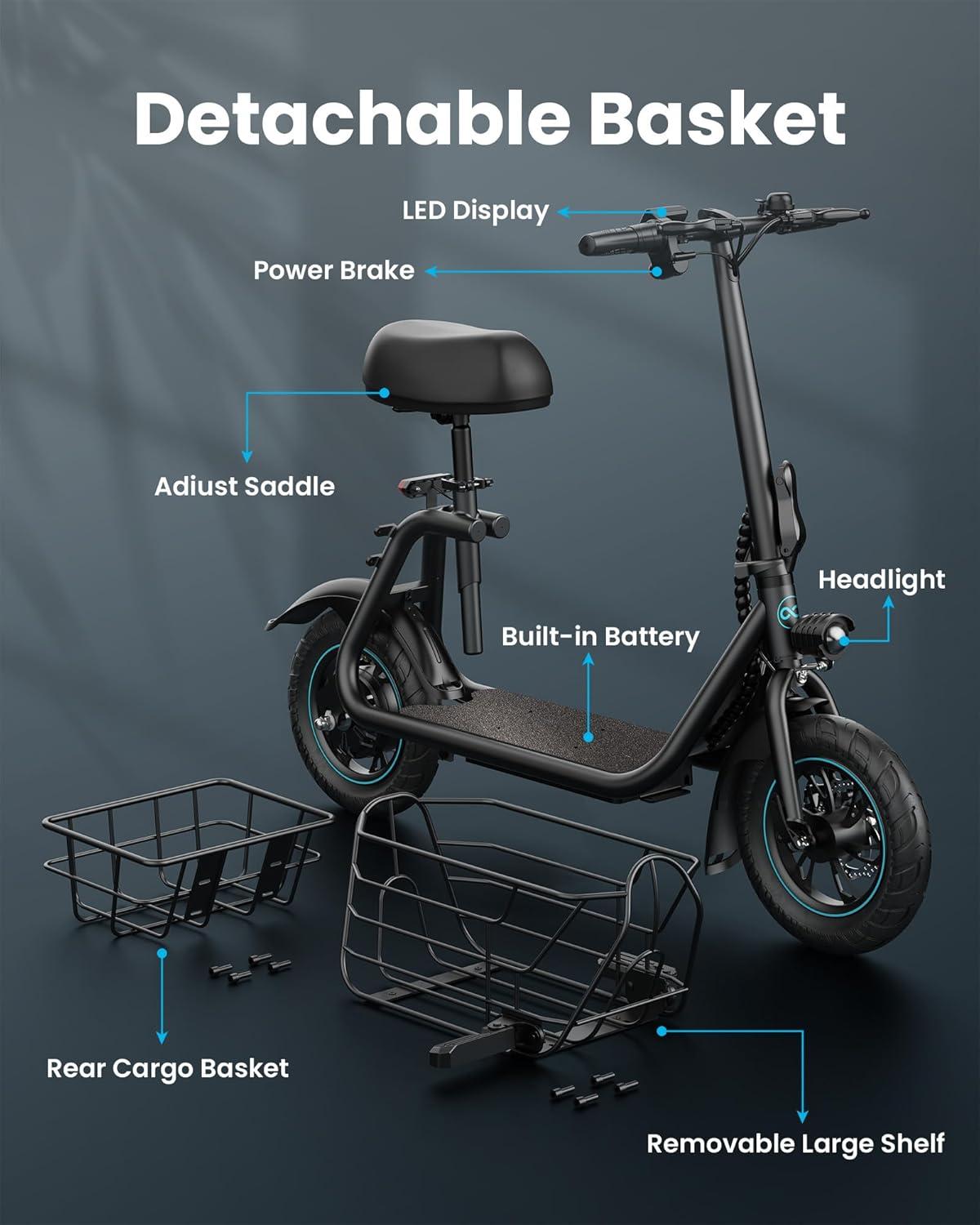 GYROOR Electric Scooter with Seat for Pets and Adults, 550W Powerful Motor 20miles Distance Max 18.6MPH Speed Spacious Storage Space LED Display, C1S