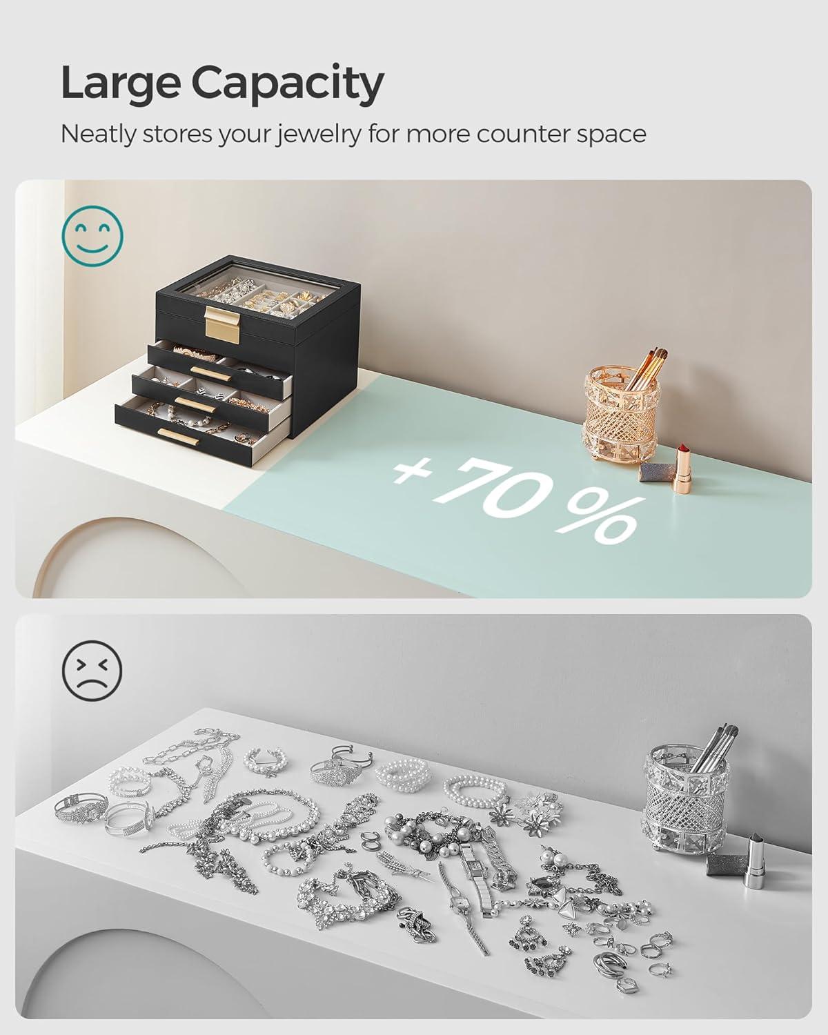 SONGMICS Jewelry Box Organizer with Glass Lid, 4-Layer Jewelry Storage, with 3 Drawers, Modern Style, 8 x 9.1 x 6.5 Inches, Graphite Black and Gold Color UJBC173B01