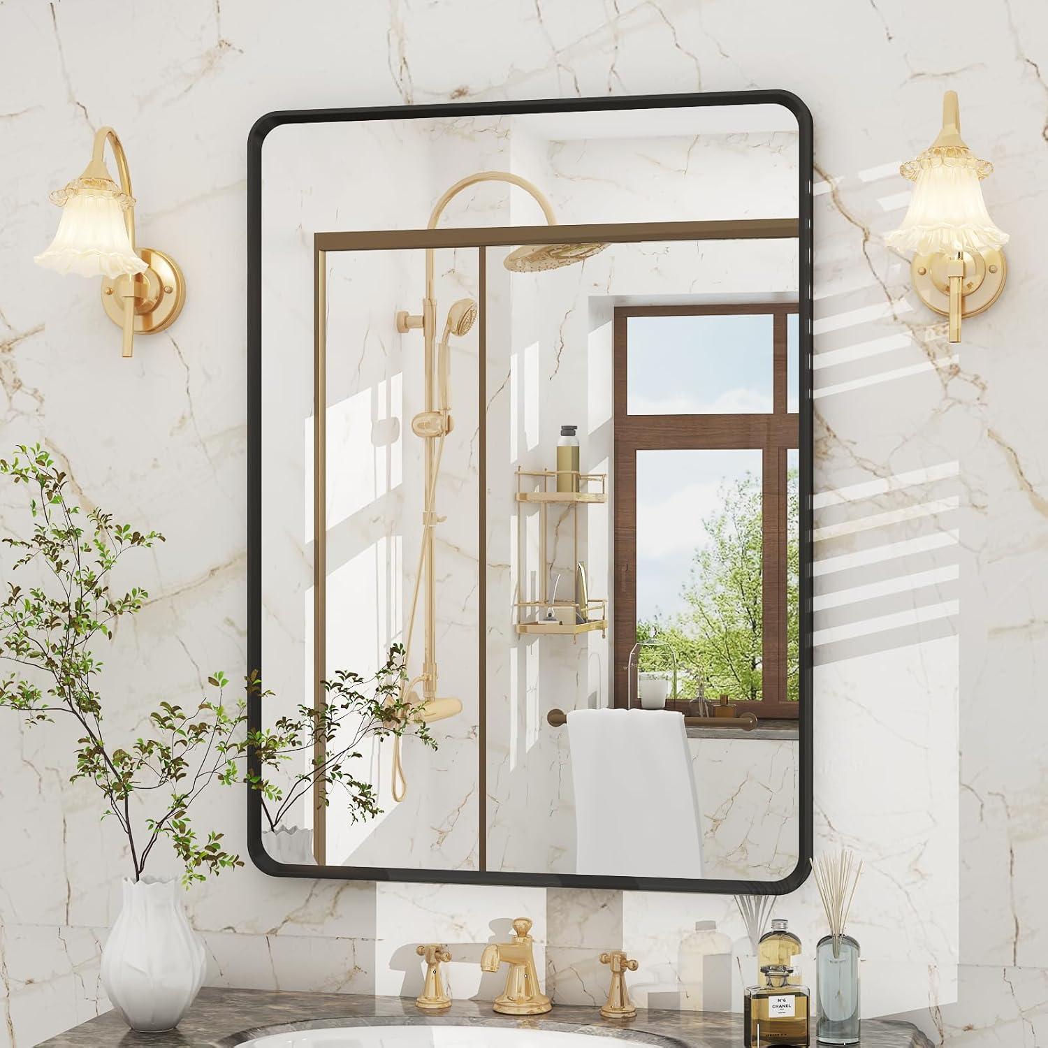 Matte Black Rectangular Aluminum Framed Bathroom Mirror, 30" x 22"