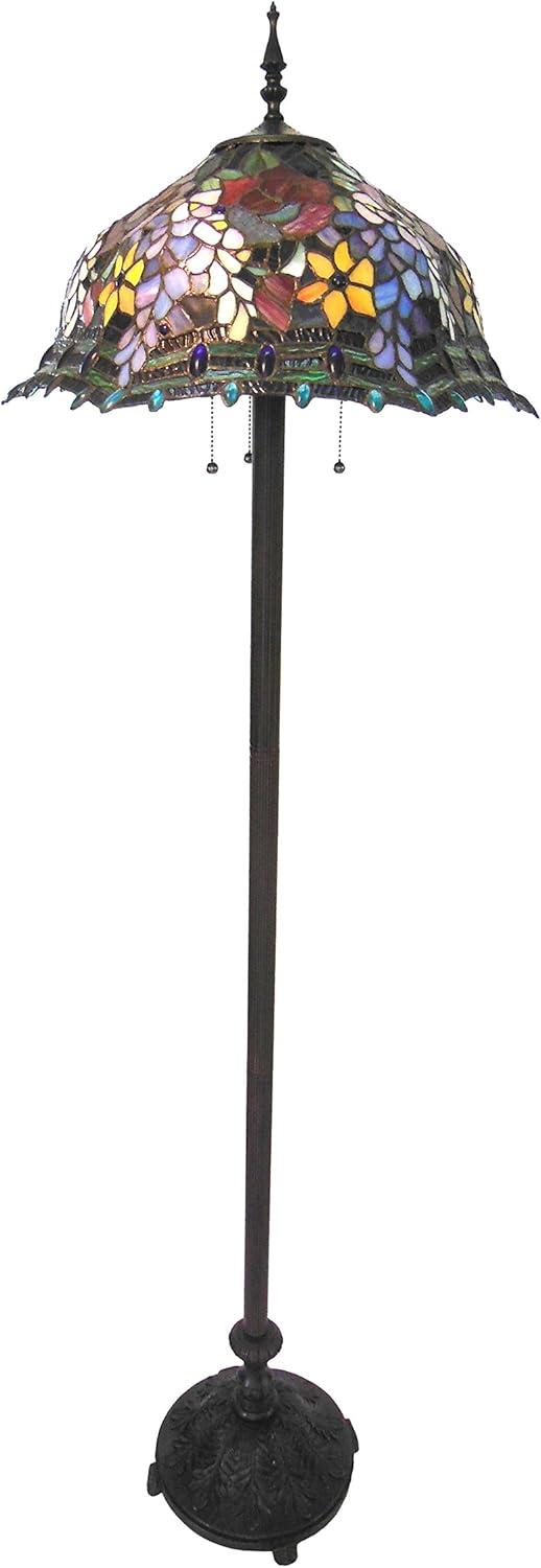 Carrell Antique Bronze Tiffany-Style Roses Floor Lamp with Stained Glass