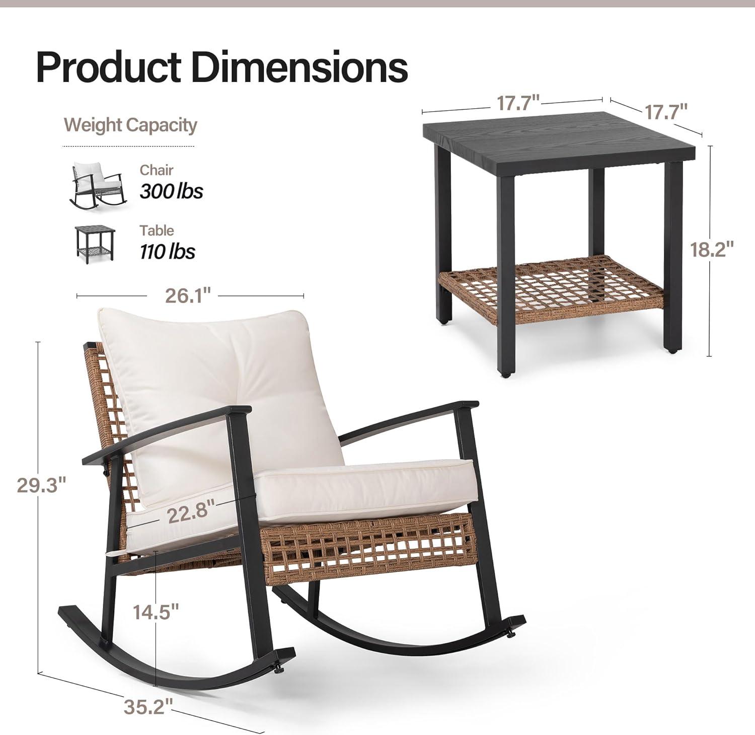 LAUSAINT HOME 3 Pieces Patio Outdoor Conversation Set with 2-Tier Coffee Table, PE Wicker Rocking Chairs with Beige Cushions