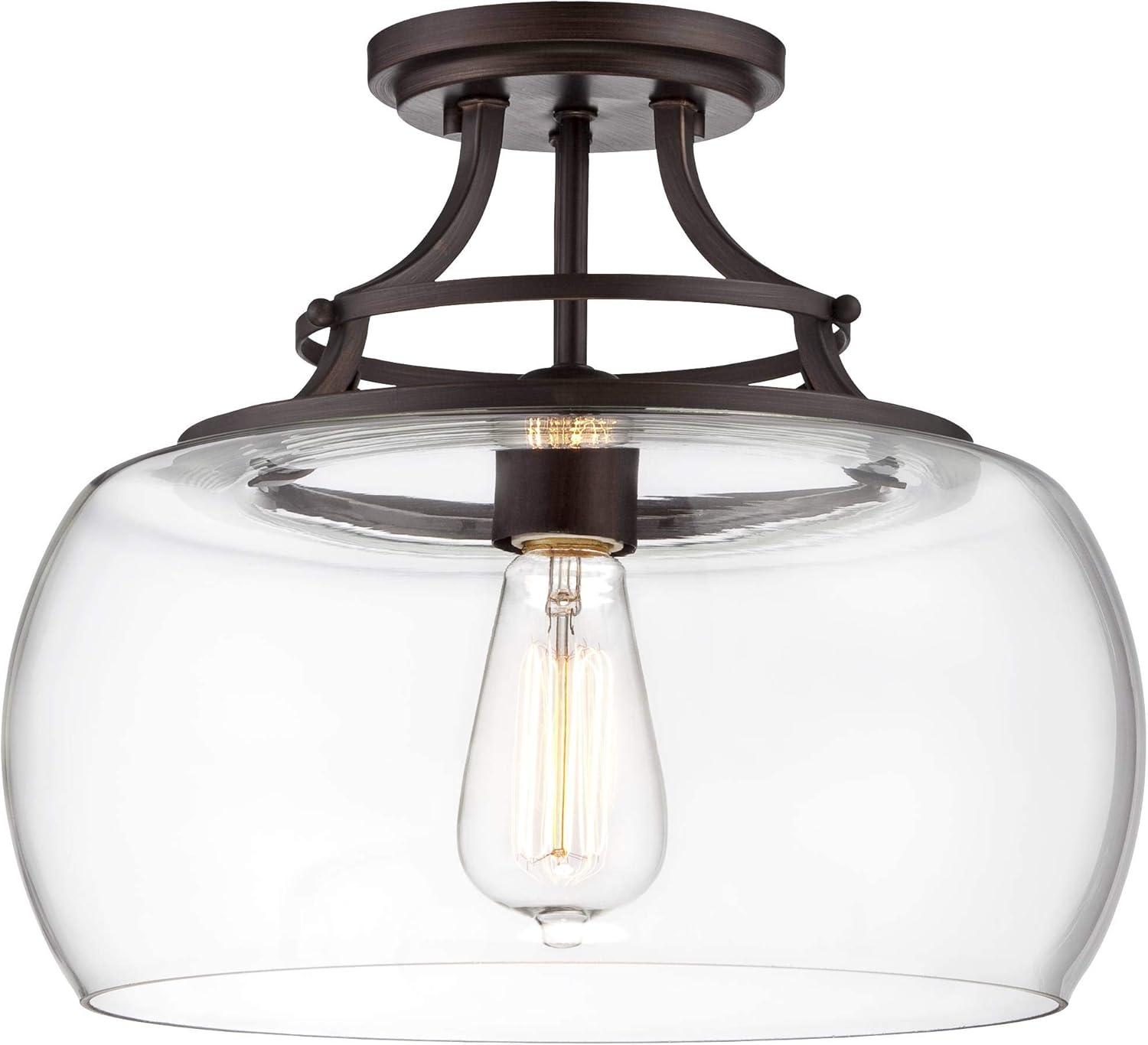 Franklin Iron Works Charleston Industrial Modern Farmhouse Ceiling Light Semi Flush Mount Fixture 13 1/2" Wide Bronze LED Clear Glass for Bedroom Home