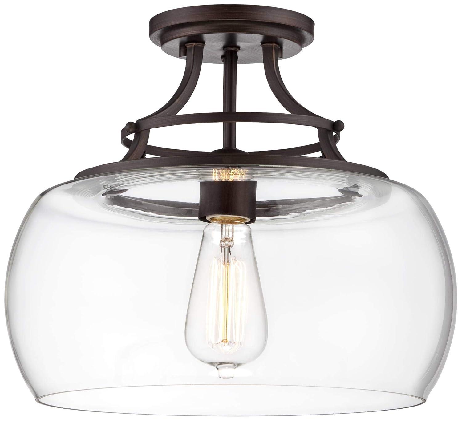 Franklin Iron Works Charleston Industrial Modern Farmhouse Ceiling Light Semi Flush Mount Fixture 13 1/2" Wide Bronze LED Clear Glass for Bedroom Home