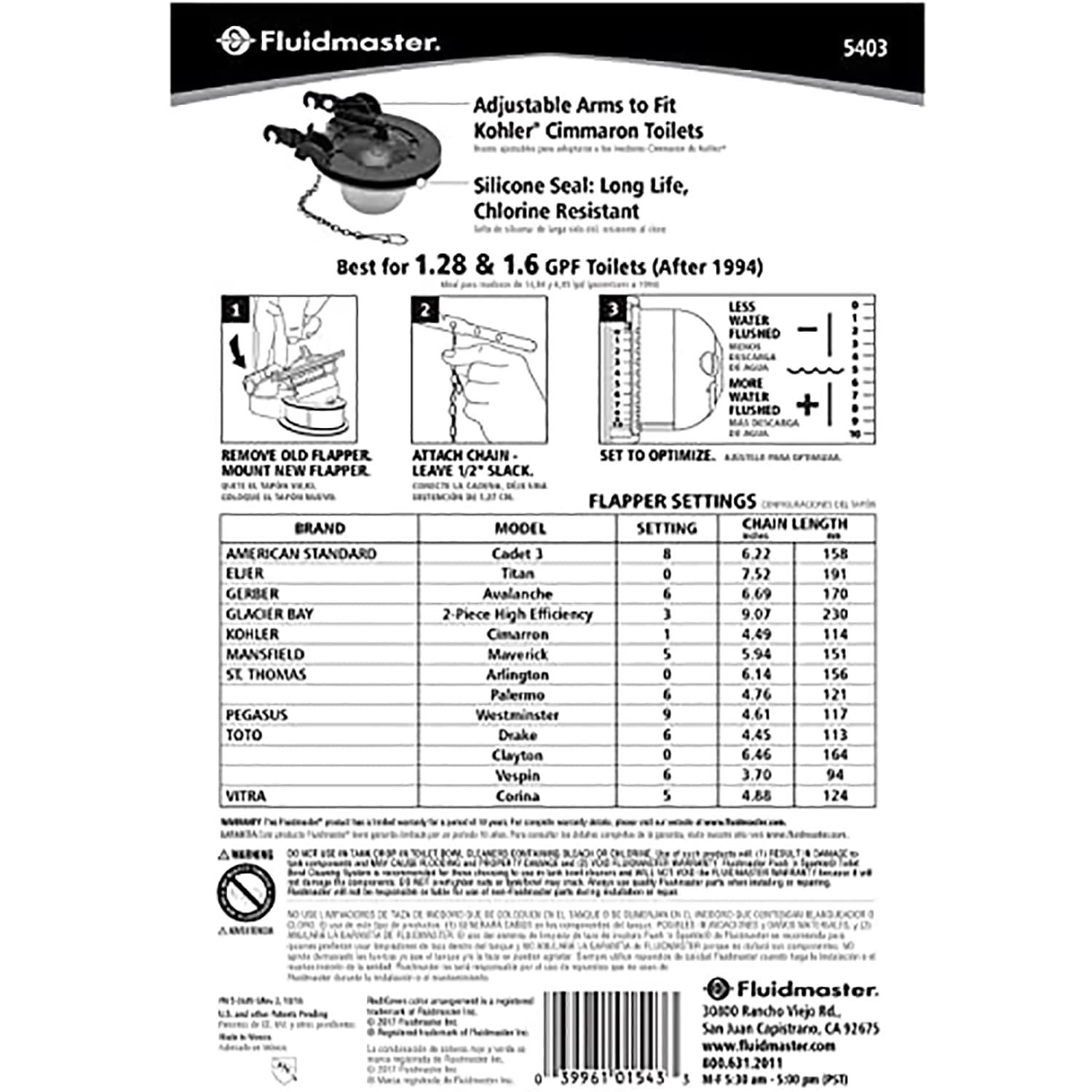 Fluidmaster 5403P4 Adjustable Water-Saving Long Life 3 inch Toilet Flapper