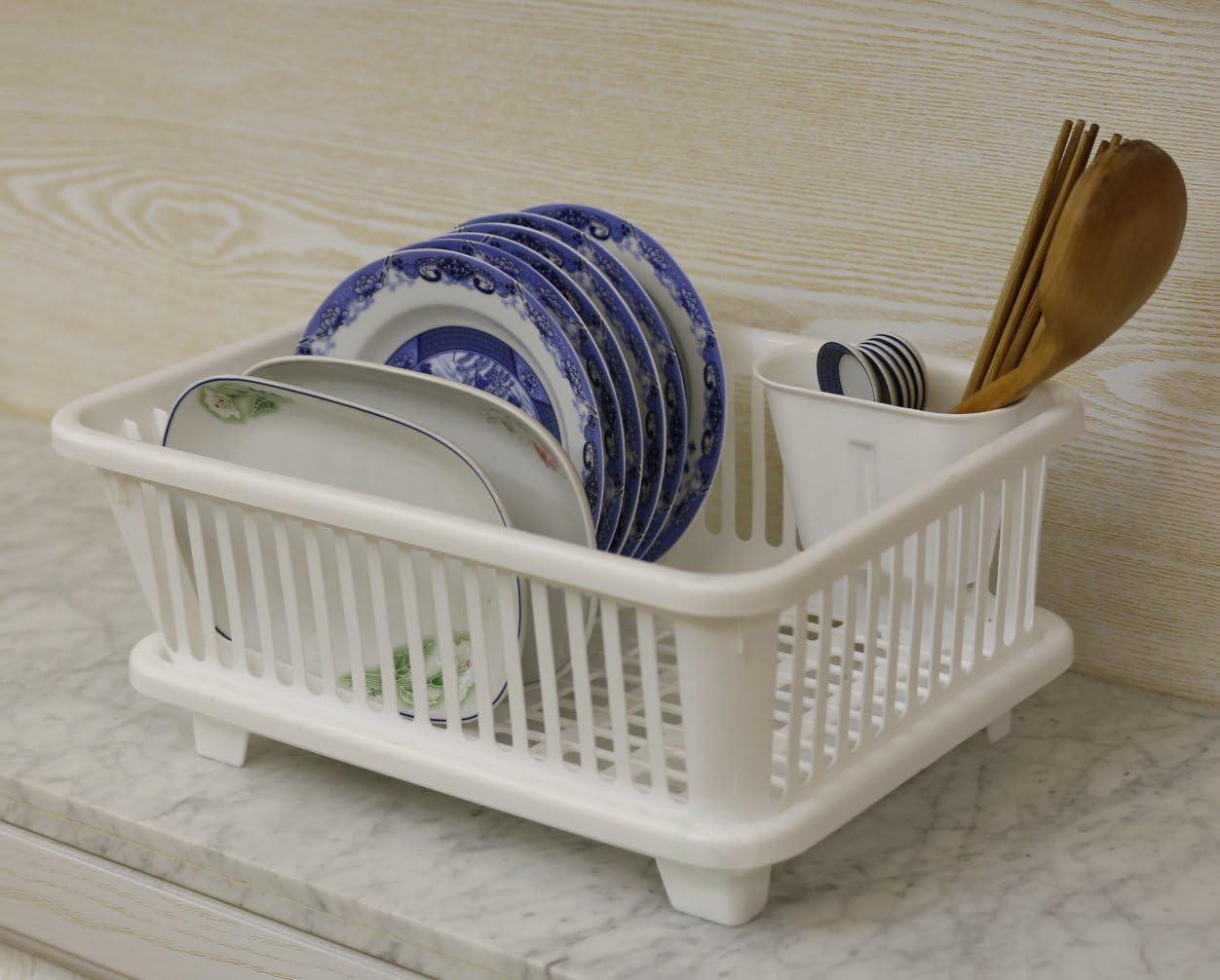Basicwise Heavy Duty 2-Piece Plastic Dish Drying Rack Set in White - Includes Large Dish Drainer, Attached Drainboard, and Utensil Cup Holders for Home Kitchen Countertop Organization