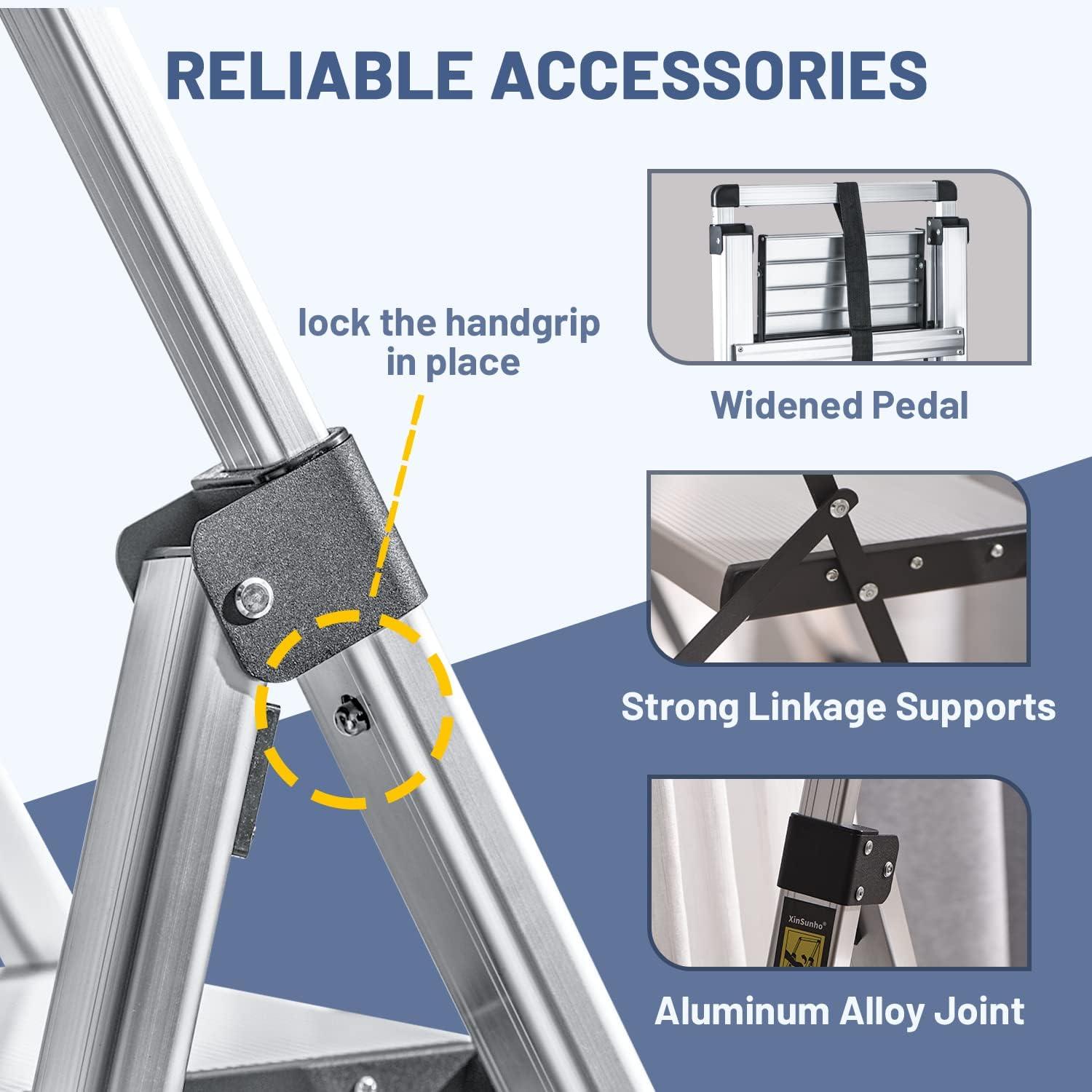 XinSunho 3 Step Ladder, Retractable Handgrip Folding Step Stool Ladders with Anti-Slip Wide Pedal, Aluminum 3 Steps, 330lbs Safety Household Ladder