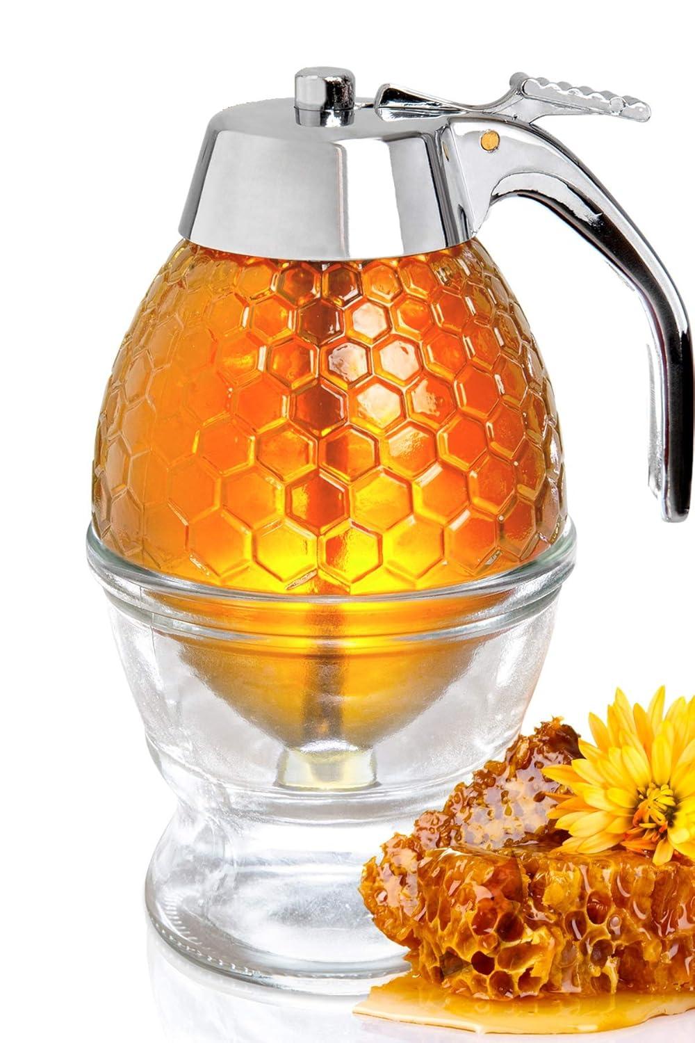 hunnibi Glass Honey Dispenser with Stand and Stainless Steel, Clear