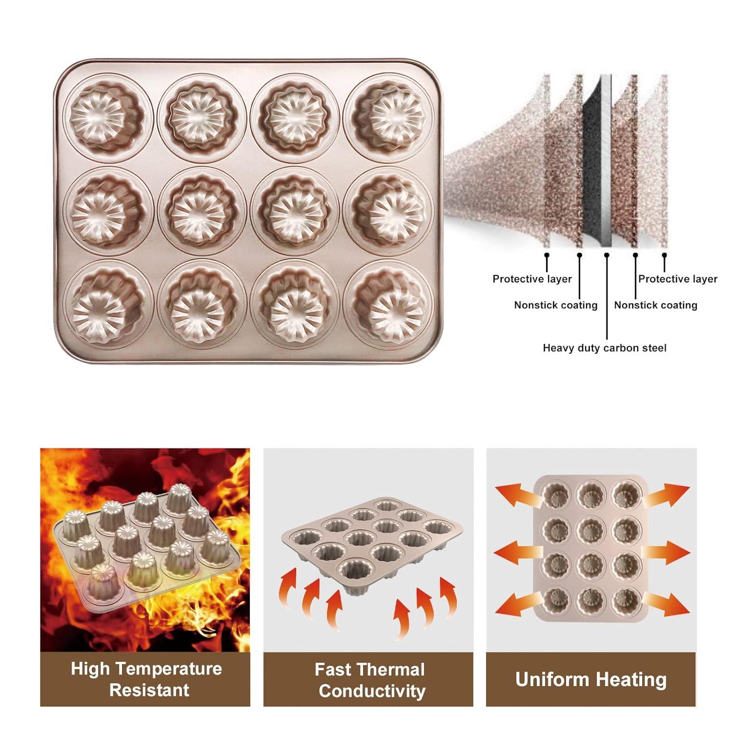 Cannele Mold Nonstick Muffin Cupcake Pan Carbon Steel Canele Cake Baking Tray French Pastry Mould 12 Cups for Making Mini Bread Cheesecake Dessert