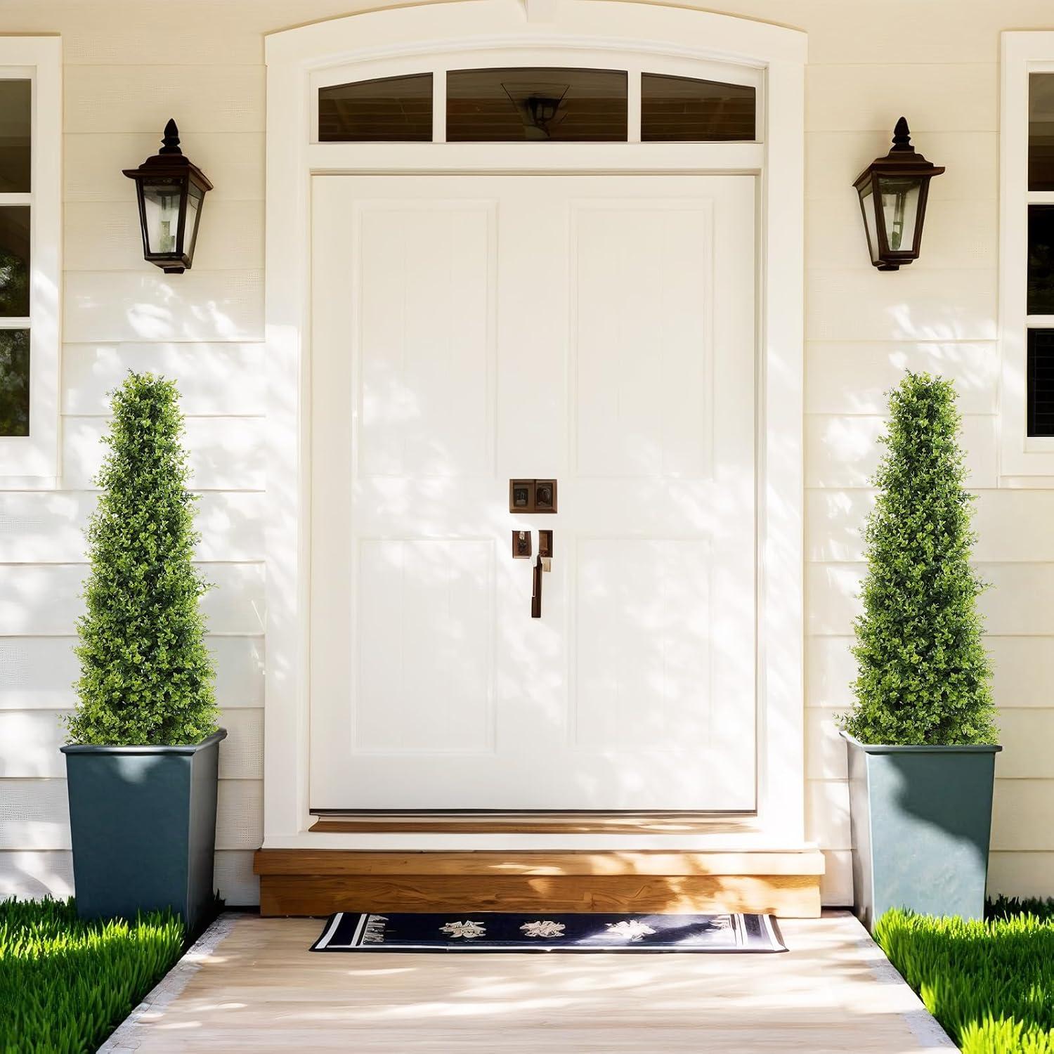 4ft Artificial Boxwood Topiary Trees, Set of 2 – UV Resistant Faux Evergreen Shrubs and Bushes for Outdoor Planters, Realistic Fake Plants for Front Porch Outside Patio Yard, 4 Foot Tall