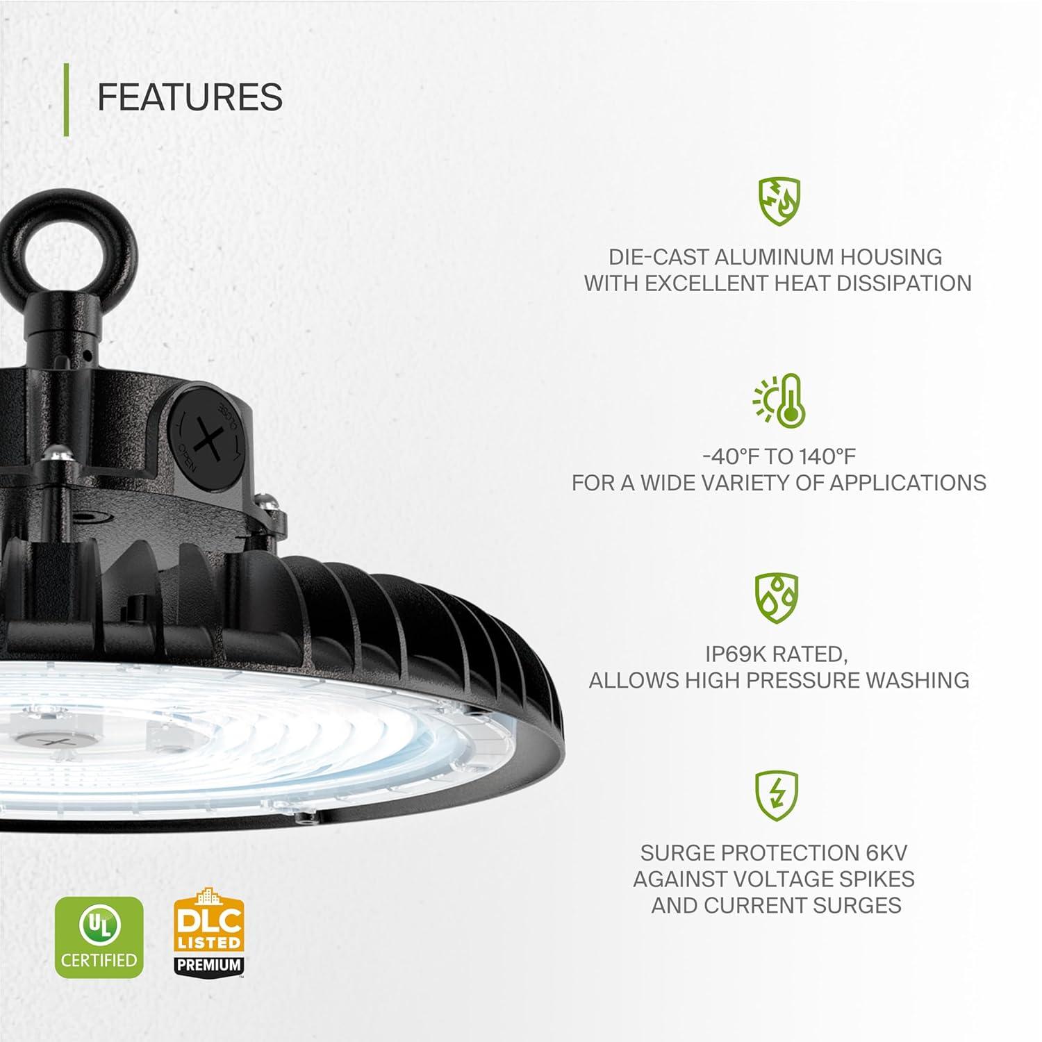 ASD LED High Bay UFO Light Fixture, Commercial Shop Lighting | Dimmable, IP69K Waterproof, DLC Premium, UL Listed | 150W 23000LM 5000K 100-277V | Warehouse, Garage, Workshop, Barn Lamp | Black