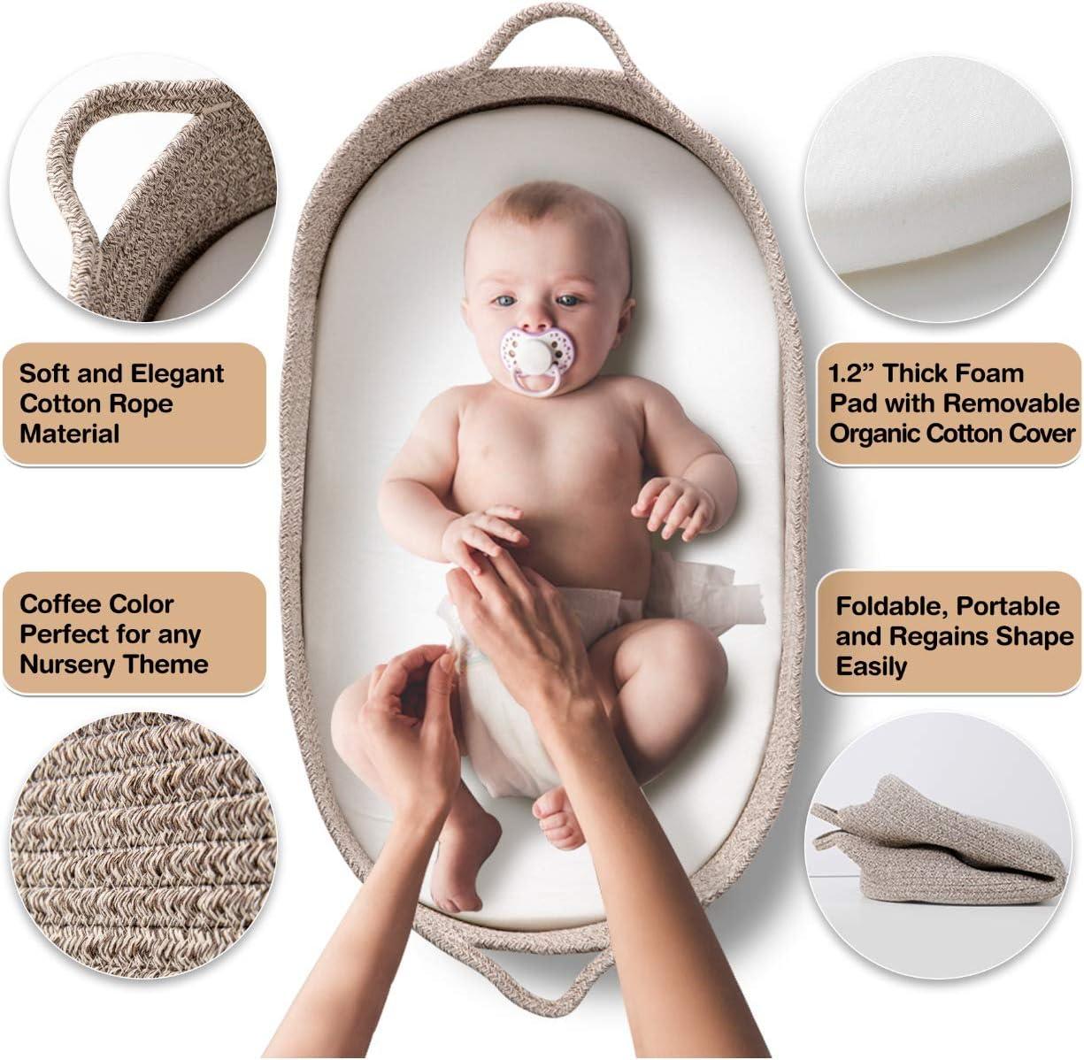 Baby Changing Basket - Moses Basket Changing Table Topper and Thick Foam Pad with Removable Cotton Mattress Cover, 100% Cotton Boho Nursery Decor in Coffee Color with Storage Bag
