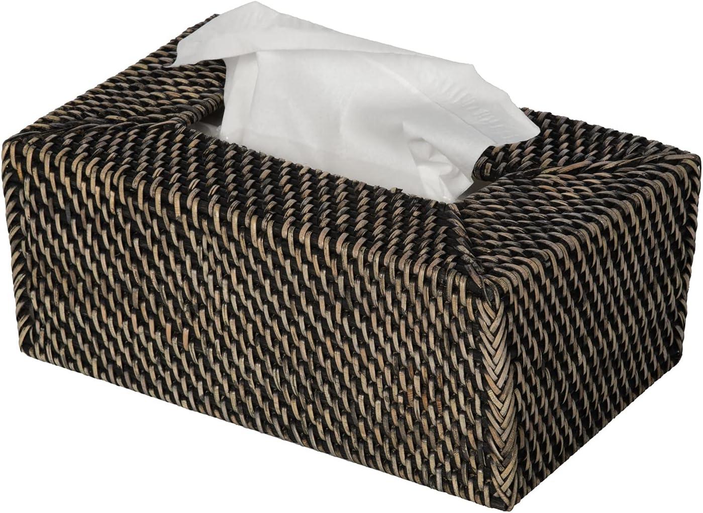 Black Wash Rectangular Rattan Tissue Box Cover