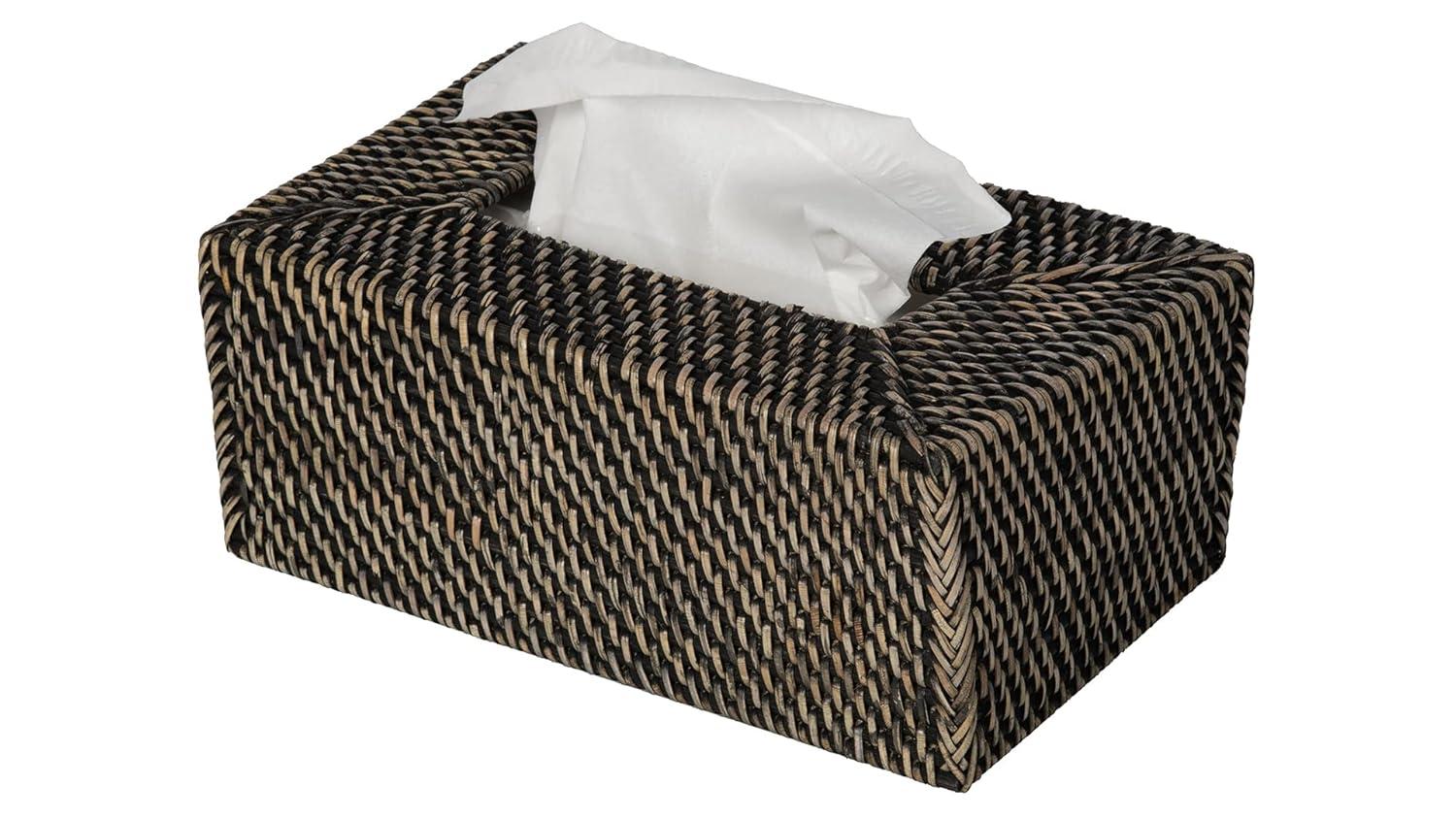 Kouboo Loma Rectangular Rattan Tissue Box Cover Holder, Wicker Decorative Tissue Holder for Living Room, Facial Napkin Holder, Black Antique