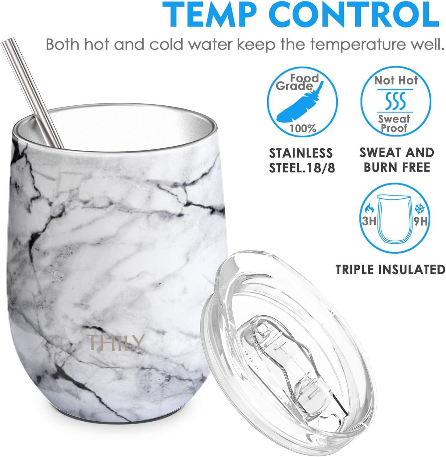 Stainless Steel Stemless Wine Tumbler - THILY 12 oz Triple-Insulated Wine Glass with Lid and Straw, Reusable Travel Coffee Cup, Keep Hot or Cold for Wine, Coffee, Beer, Juice, White Marble