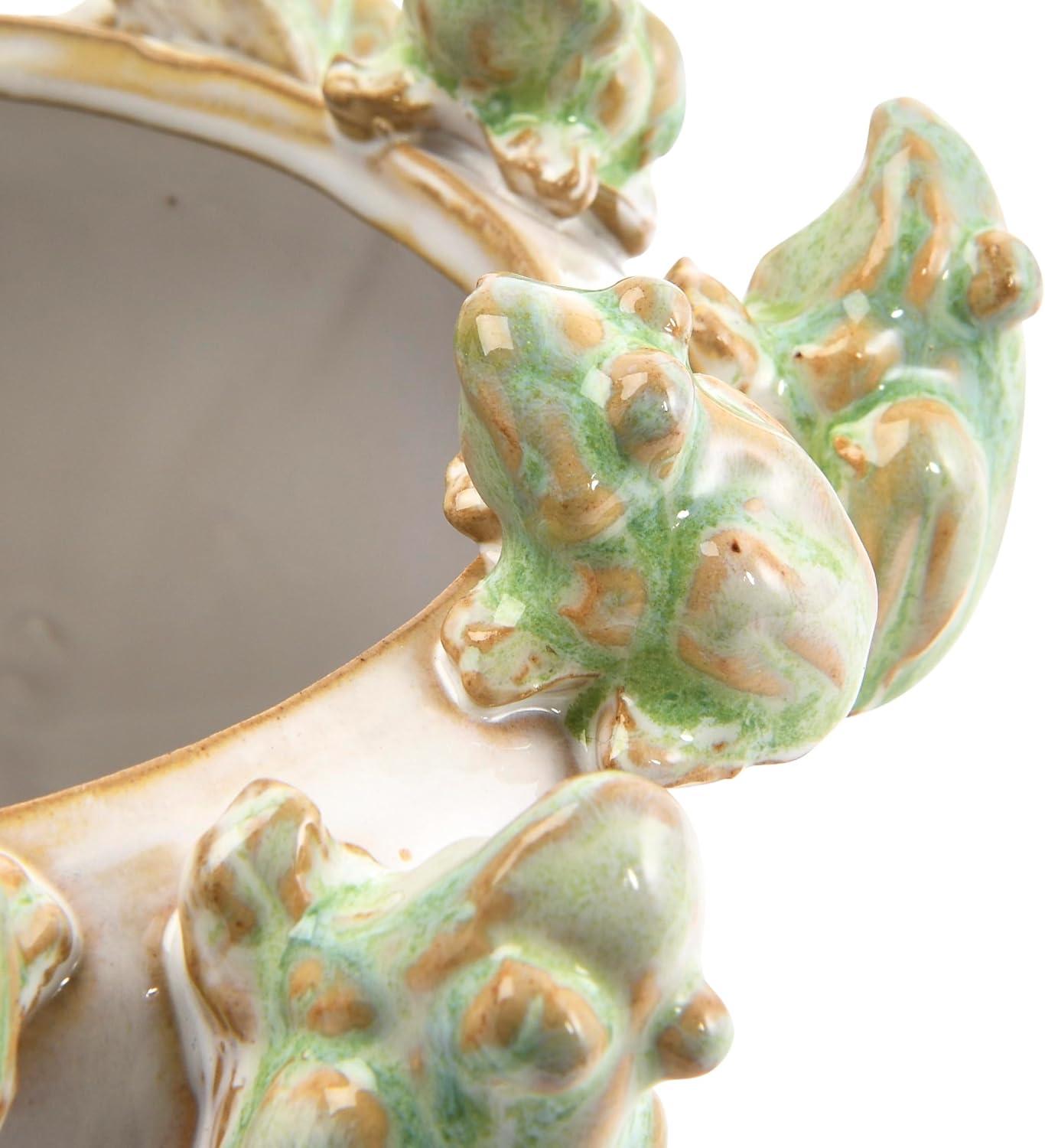 Creative Co-Op Decorative Stoneware Planter with Frog Figurine Rim, White and Green