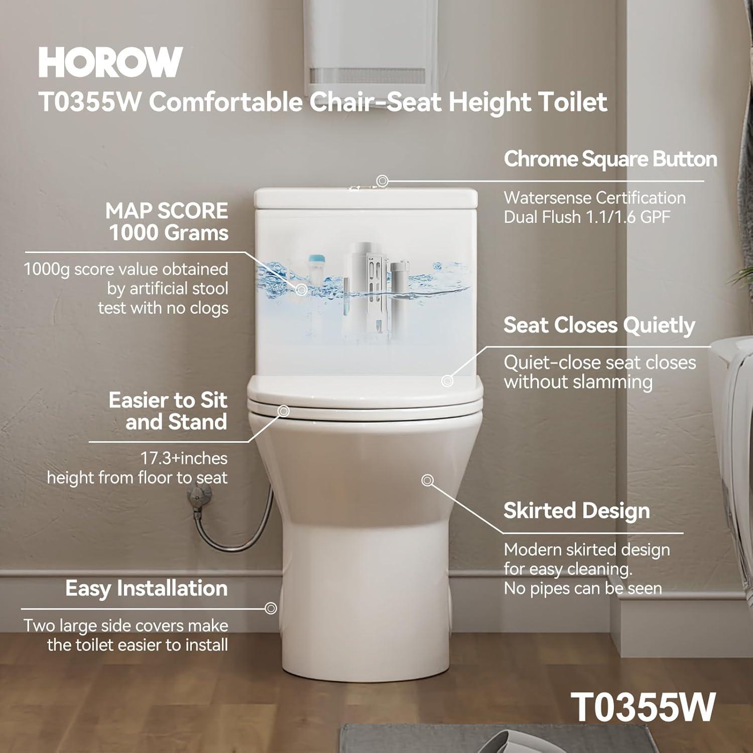 Elongated One Piece Toilet, 17.3+" ADA Comfort Chair Seat Height, 1.1/1.6 GPF Dual Flush Toilet for Bathroom, MAP 1000g