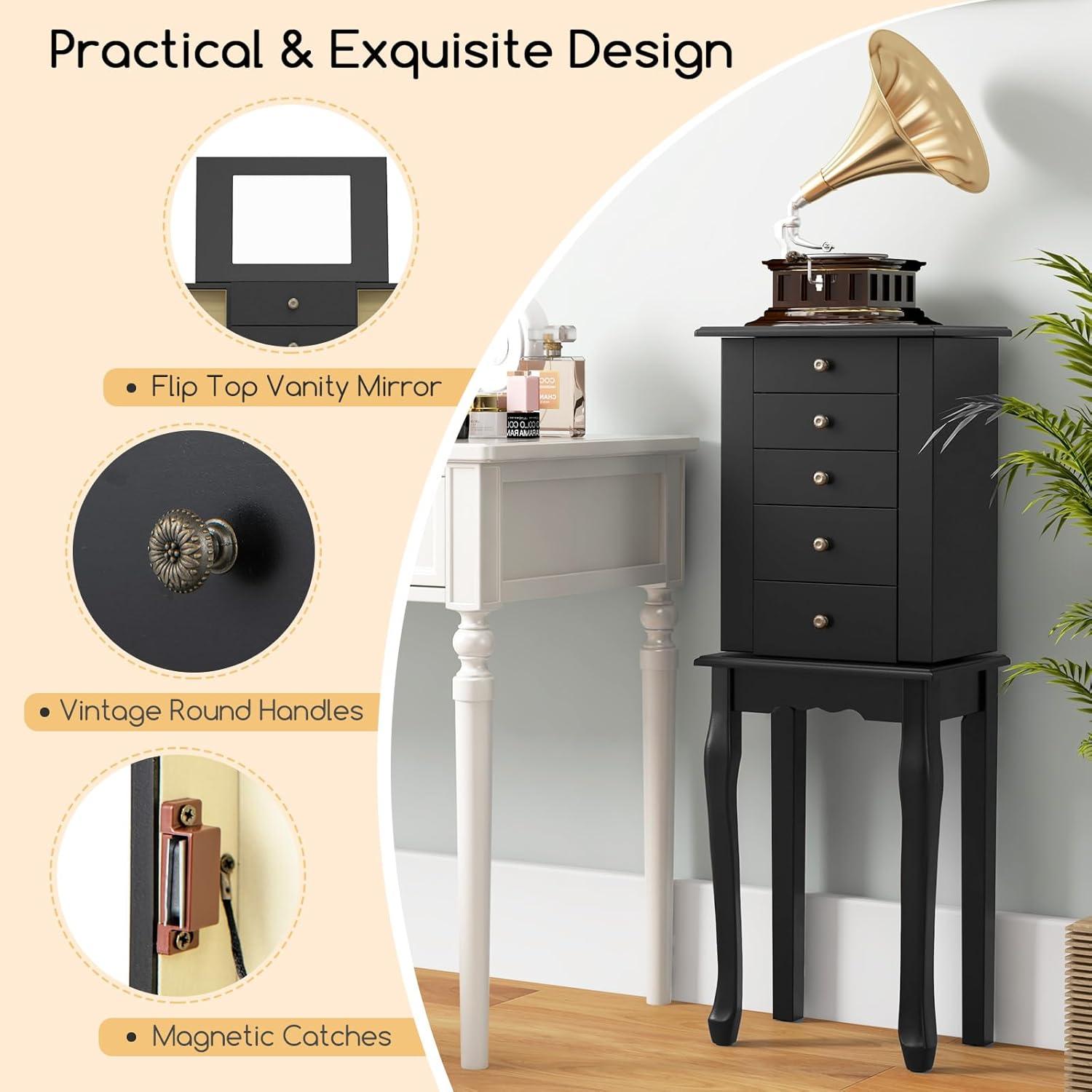 Giantex Jewelry Cabinet Armoire with Top Mirror, 5 Drawers, 2 Swing Doors, Wooden Jewelry Treasure Storage Chest with Large Storage, Standing Jewelry Organizer (Black)