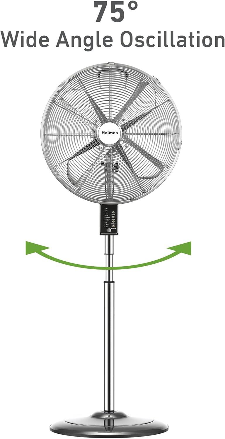 Holmes 16” Digital Oscillating Metal Stand Fan, 3 Speeds, Adjustable Height, Remote Control, Chrome