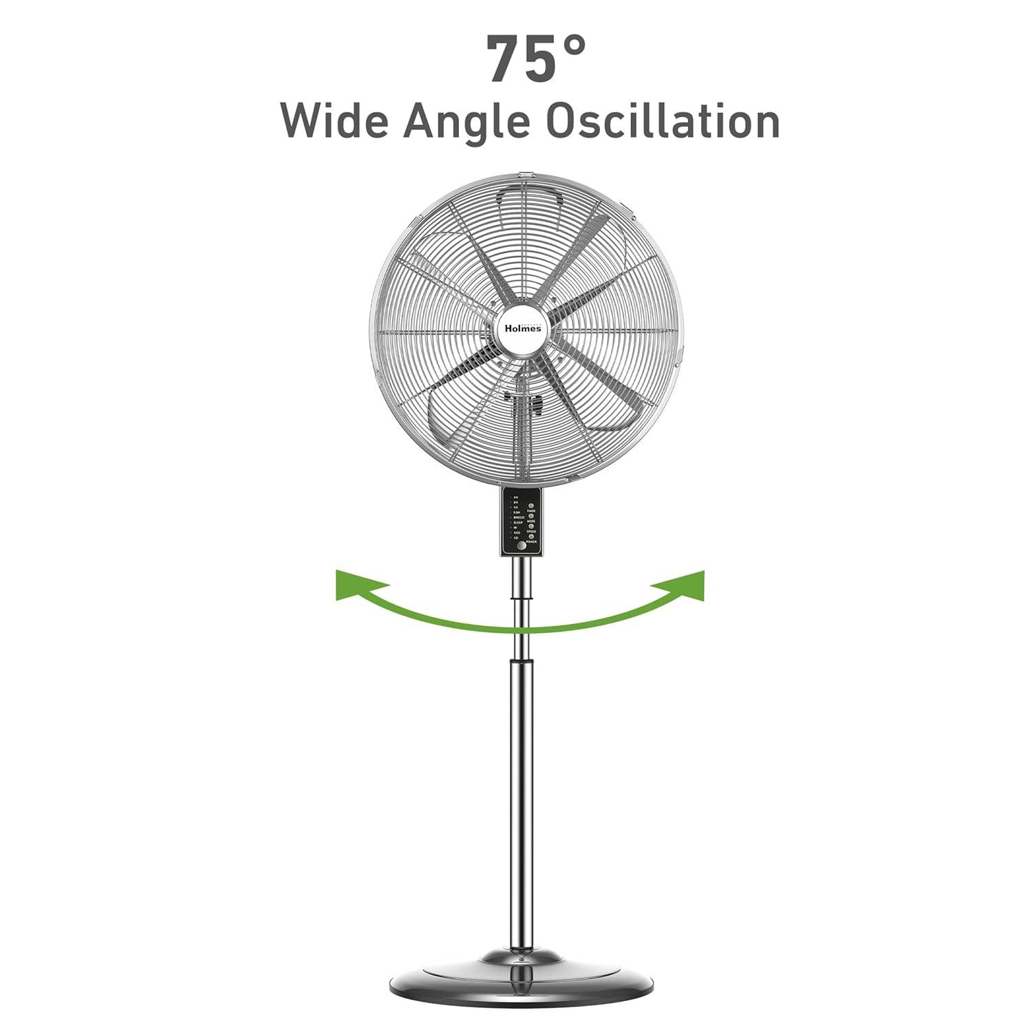 Holmes 16” Digital Oscillating Metal Stand Fan, 3 Speeds, Adjustable Height, Remote Control, Chrome