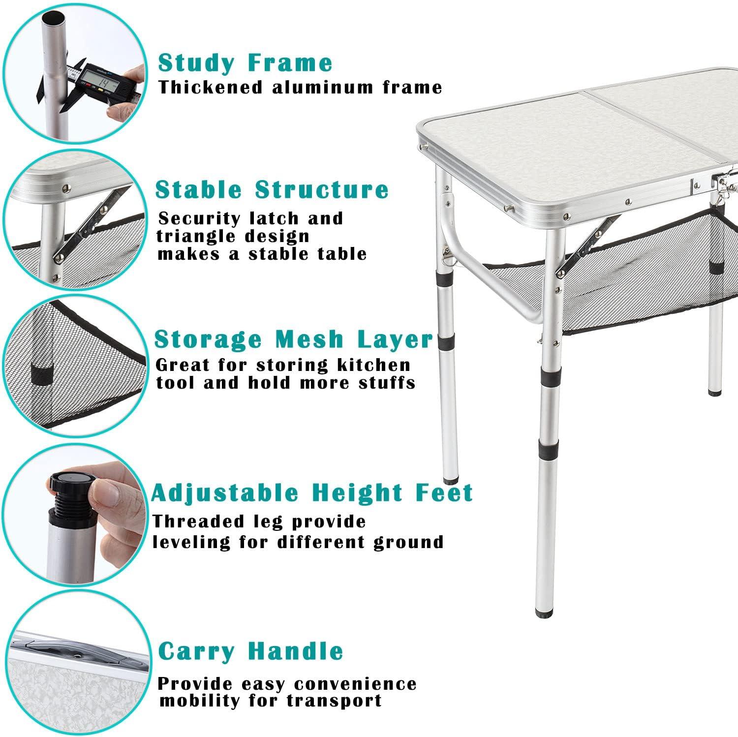 Adjustable Height Camping Table with Mesh Layer, 23.6" x 15.7" Portable Folding Camp Tables with Aluminum Legs for Outdoor Camp, Picnic, Beach, Backyard, Tailgate Cooking, 3 Heights…