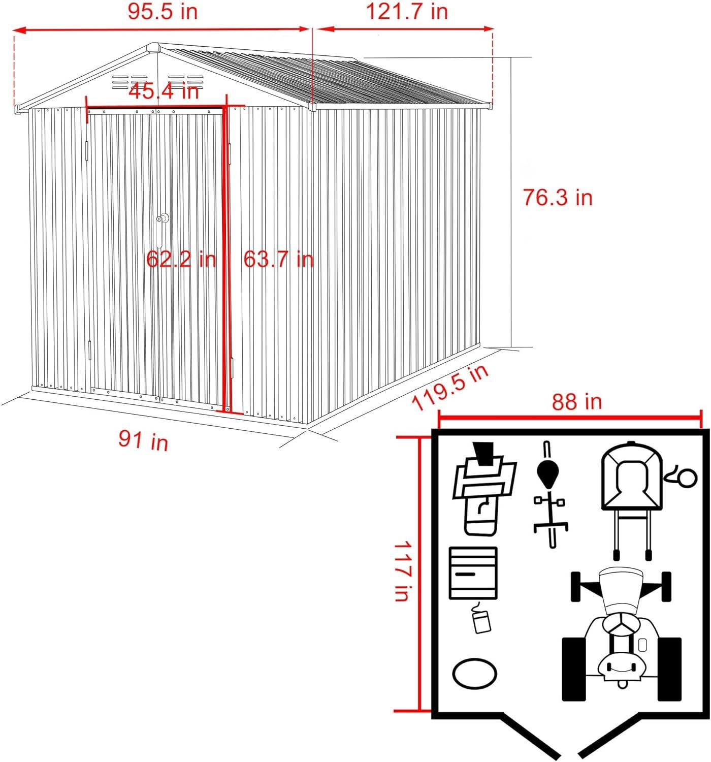 Gray 8x10 FT Metal Outdoor Storage Shed with Lockable Doors