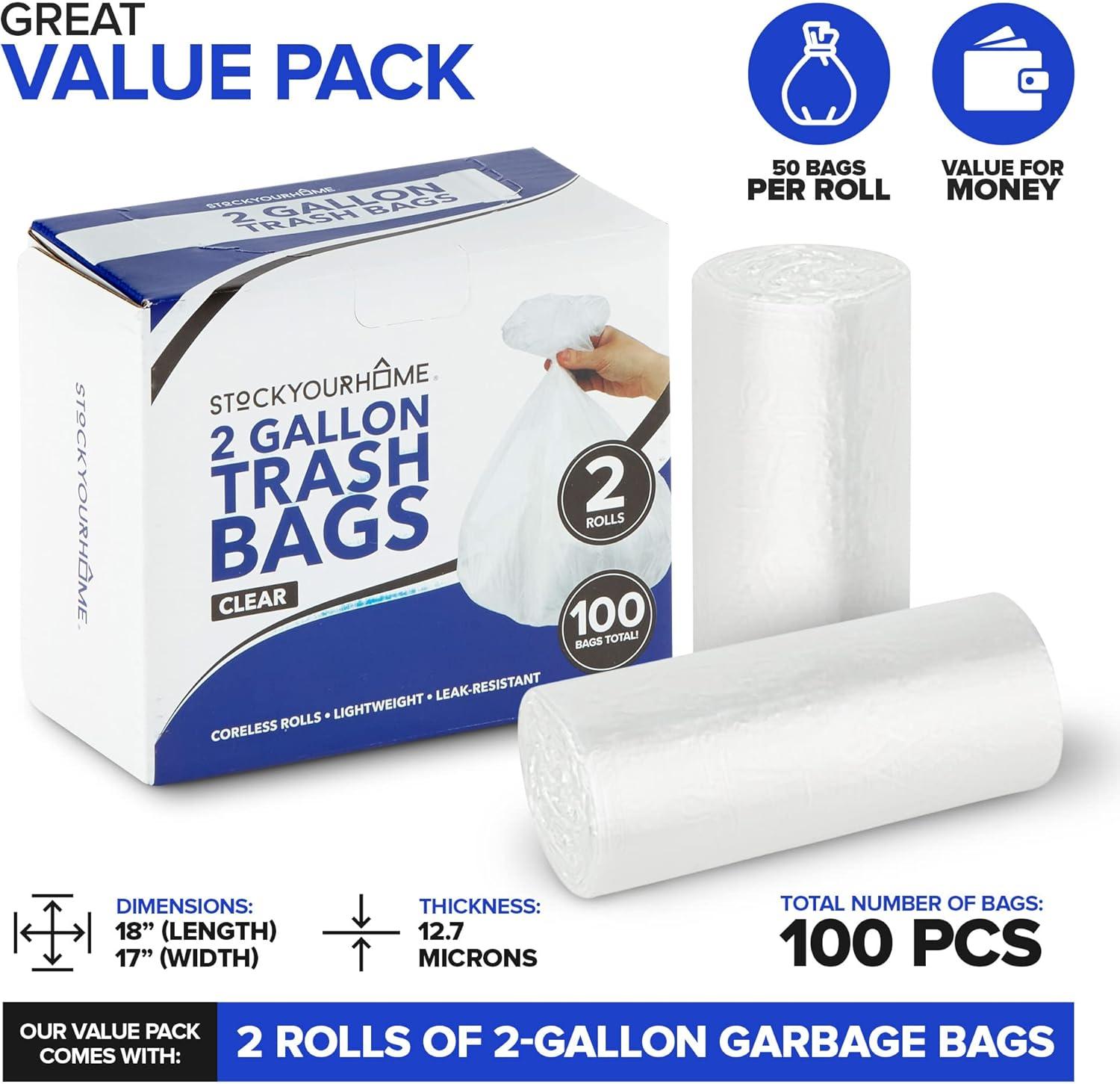 Stock Your Home Clear 2 Gallon Trash Bag (100 Pack) Un-Scented Small Garbage Bags for Bathroom Can, Mini Waste Basket Liner, Plastic Liners for Office Trashcan and Dog Poop, Bulk Household Supplies