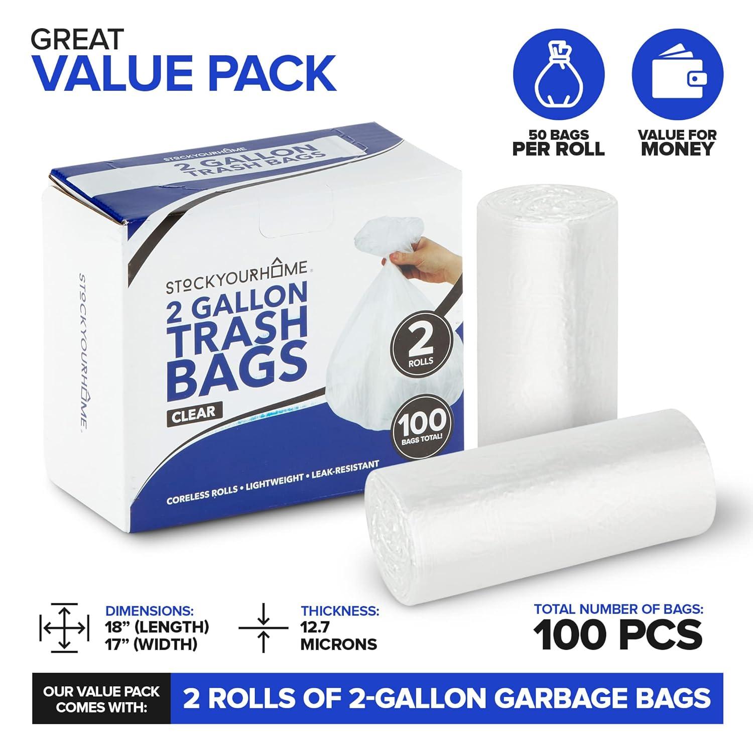 Stock Your Home Clear 2 Gallon Trash Bag (100 Pack) Un-Scented Small Garbage Bags for Bathroom Can, Mini Waste Basket Liner, Plastic Liners for Office Trashcan and Dog Poop, Bulk Household Supplies