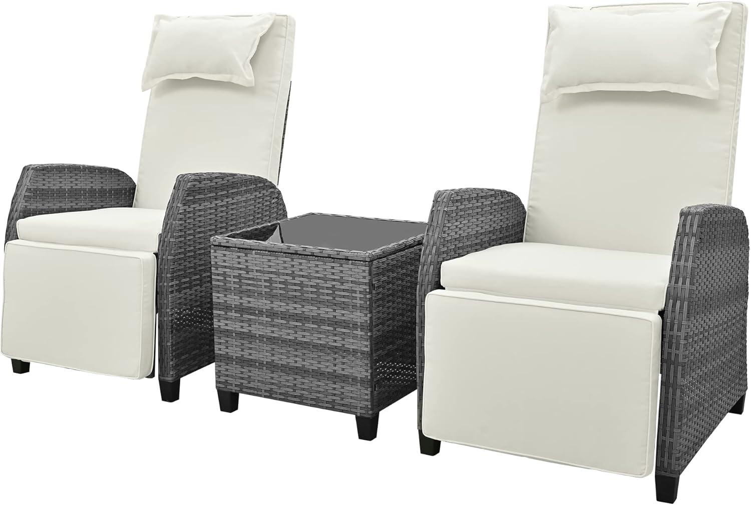 Outdoor Recliner Chairs Set of 2, 3 Piece Rattan Sofa Set, Patio Rocking Chairs Set with Adjustable Footrest, Outdoor Rattan Reclining Chairs with Table & Pillow for Backyard, Porch (Beige)